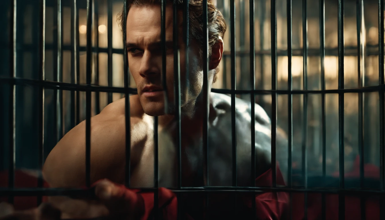 a handsome angry sexy looking man with long hones been locked in a cage