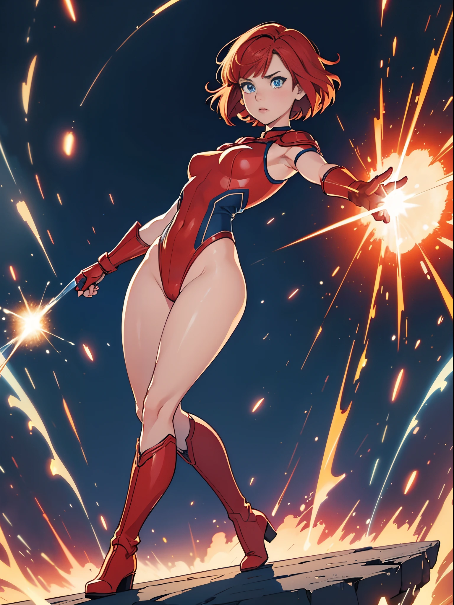 1girl, redhead, bob hair, short hair, blue eyes, beautiful detailed eyes, superhero, mature woman, spread arms, leotard, red leotard, bare legs, boots, gloves, standing, perfect anatomy, cowboy shot, (full body shot), superpower, light particles, body infused with energy, t-pose, solo, single.