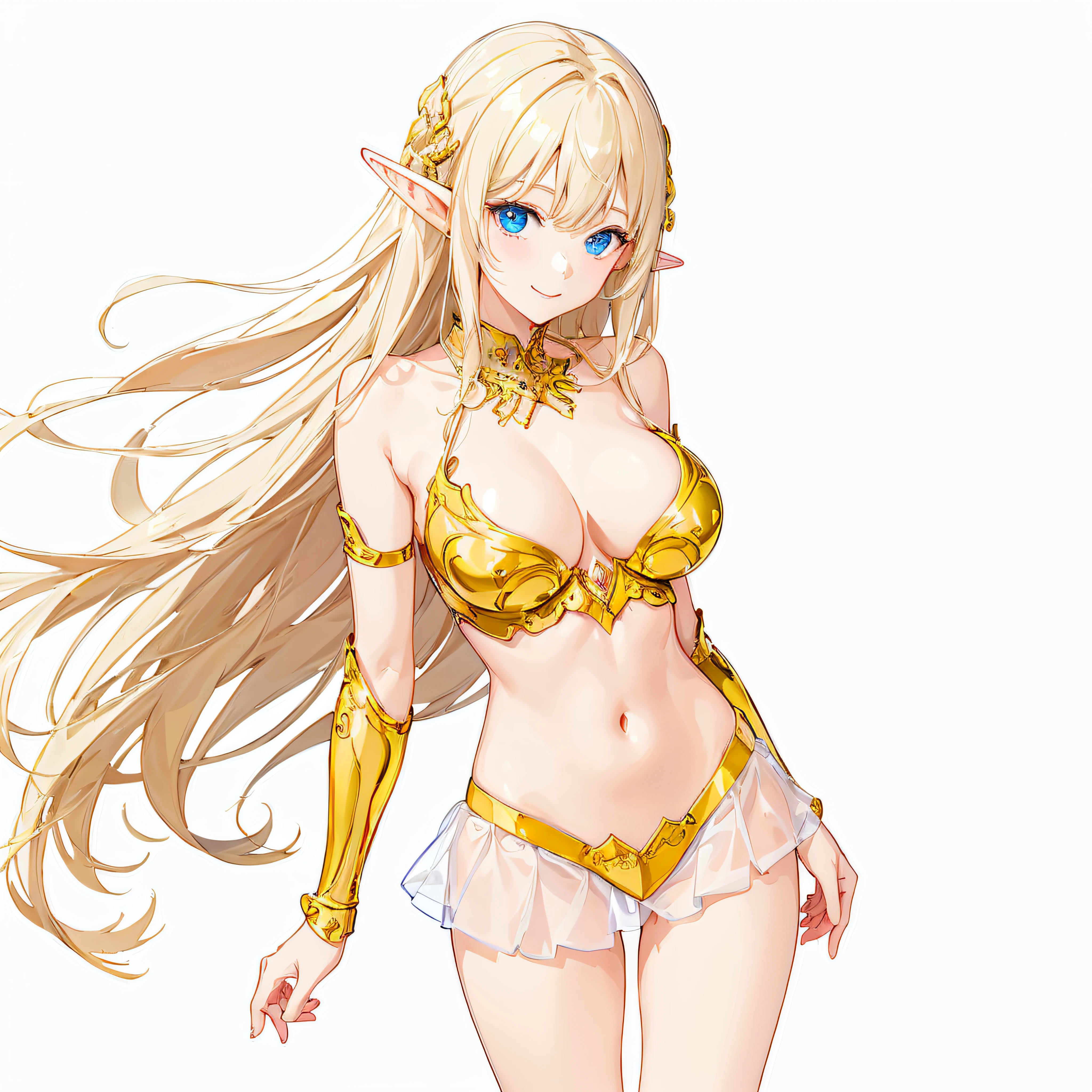 masterpiece、top-quality、ighly detailed、hight resolution、16k、fullnude、teats、Polori、Boob proportions、golden armour、Very thin skirt、Black pants、Full body like、Very white skin、Beautiful fingers、Anime girl with very big breasts posing naked、Perfect Style、elvish、no-bra、Blonde blue-eyed、A smile、An elf girl