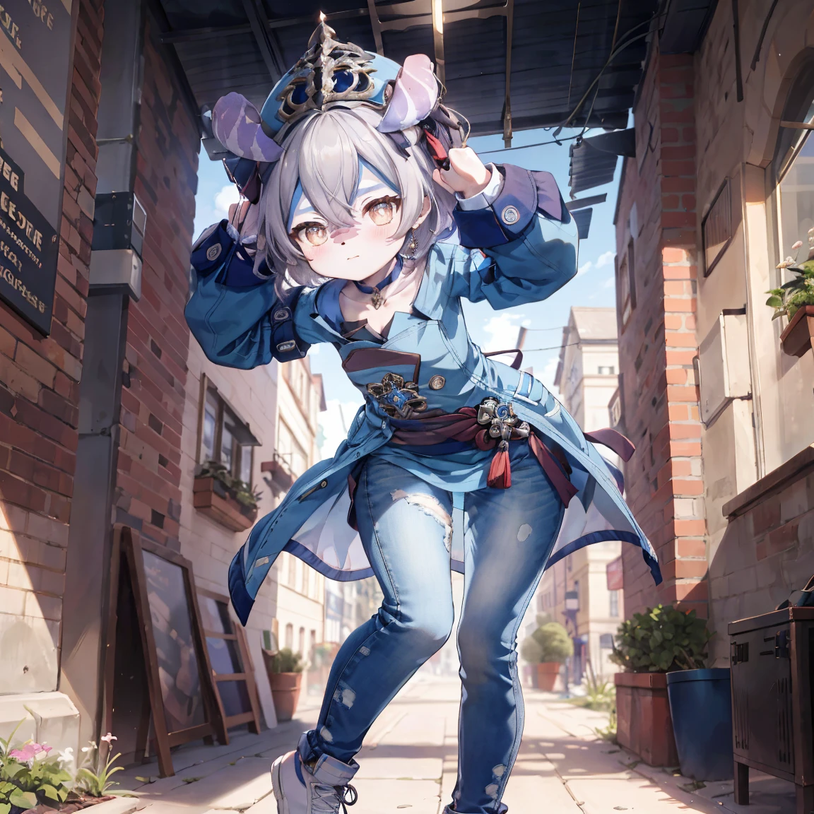 Melousine|genshin impact, masterpiece, bestquality,3 girl,young girl, Long Jeans,  Wear glasses, purple hair color, long hair in a ponytail,,,,,,,,,,,,,,,,,,,,,,,,,unstable _Front,oily shiny skin,flat chest,nice leg line:1.3,thick thighs, thin-waist,, red_streaks_light_wrap_dress, white_platform_sneakers, woven_El_bag, straw_headgear, gold_hoop_earrings, jacket, In a 19th century French town, long jeans city scenery,looking at the audience,From Top:1.2,dynamic angle