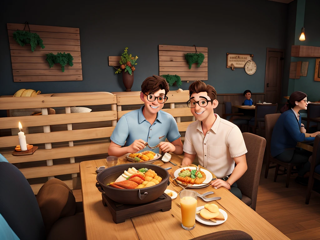 Disney Style Couple With Glasses Smiling In Restaurant.
