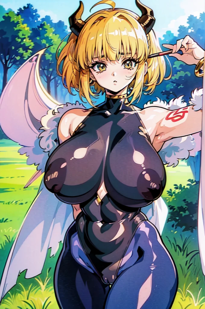 "(masterpiece:1.1), best quality, 
1girl, (80s anime style:1.3), (eyelashes:1.5), (:1.2), 
(intricate high detailed body:1.2), 
(yellow hair:1.1), (blunt bangs:1.1), (twintails:1.1), (demon horns:1.2), 
green eyes, (lip stick:1.3), 
(pale skin:1.3), (muscular body:1.1), (gigantic breasts:1.3), 
(shy:1.2), (blush:1.1), 
(lace leotard armor, navel cutout, tattoo:1.2), (pantyhose:1.2), 
(fur:1.1), (ahoge:1.2), bracelet, 
standing, arms behind back, 
(upper body, cowboy shot, looking at viewer, from front:1.1),
(daytime, grassland, outdoors:1.2)"
