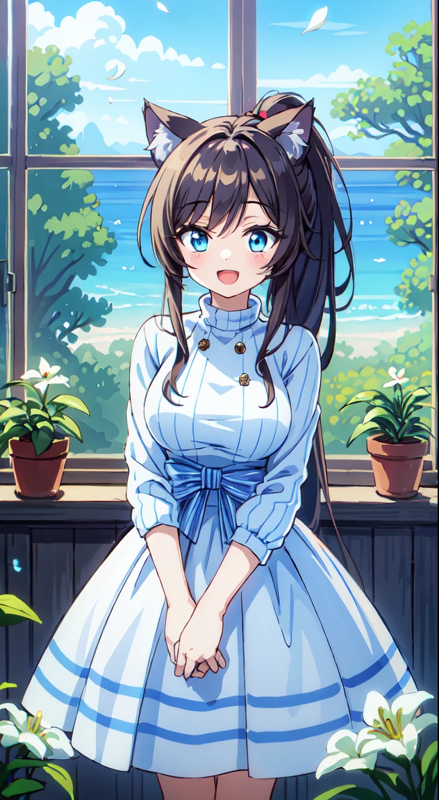 unreal,Unrealistic,Goofy,(Perfect quality HDR WDR Photoshop special CGI effects with gentle light),(High ISO:1.8),(High color saturation:1.4),(Vivid color scheme:1.3),(ultra-detailed extremely detailed streamlined hand-drawn digitally drawn anime perfect illustration taste :0.8),(water color taste:1.2),(sketch:1.2),BREAK,1 beautiful girl, ( years old girl), Very detailed, colourfull, highest details, BREAK, (Huge breasts: 1. 2,), Clear skin, Beautiful skin, Shy skin, 1 beautiful girl, Brown hair, (Cat ears, Ponytail, medium-Long hair: 1. 2), (Light blue eyes, long eyelashes, Double eyelids: 1. 2),Solo,gleaming skin, Clear skin, Beautiful skin(best quality face),(Top quality glowing eyes),(The best smile,:D:1.45), BREAK, 1 beautiful girl, 1 beautiful girl, (17irl), Very detailed, colourfull, highest details, BREAK, (Huge breasts: 1. 2,), Clear skin, Beautiful skin, Shy skin, 1 beautiful girl, Brown hair, (Cat ears, Ponytail, medium-Long hair: 1. 2), (Light blue eyes, long eyelashes, Double eyelids: 1. 2),Solo,gleaming skin, Clear skin, Beautiful skin(best quality face),(Top quality glowing eyes),(The best smile,:D:1.45),
break is break is (Transparency Theme:1.4), (Vivid colors:1.3) ((knitted sweater:1.2)), shirt pull spot lighting, BREAK,
BREAK
(Red flower ornament:1.2),
BREAK, ((Wonderland)),inside in room, Above, Bedrooms,Gothic decoration,((cup,flower, hoods,Indoors, Lily \(flower\),plant, potted plant, Standing, The table, vases, white blossoms, window:1.5),(symbolic:1.2),Backlighting,Waterfall,depth of fields, BREAK,(Blurry background:1.3),(absurderes, hight resolution, Super Detail Art),cel shading,Clear Color, Lonely optical effect, Beautiful pictures, Bright glow, mystic atmosphere,(Close-up of girl:1.1), Mystical light particle effect,manga influence, clean line drawings,
