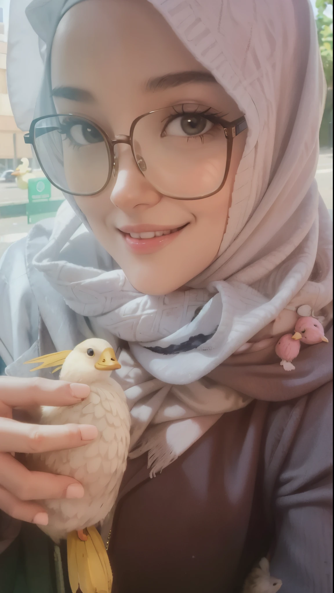 there is a woman wearing glasses and a scarf holding a banana, pet bird, very very low quality picture, with lovely look, birb, with chicks, friedly smile, with kind face, faridah malik, holding a white duck, candid picture, with sunglass, old picture, inspired by Abidin Dino, shot on nikon z9, with glasses