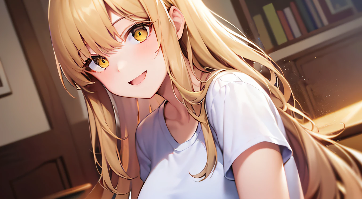 dutch angle、masterpiece、hightquality、(Blonde long hair, yellow eyes)、An 18-year-old woman、(Alone:1.5)、wearing white t-shirts、(Happy smiling expression:1.1)、Close-up of the subject's face、(Only the upper body is shown.:1.3)、is standing、Bold composition、The background is the living room、