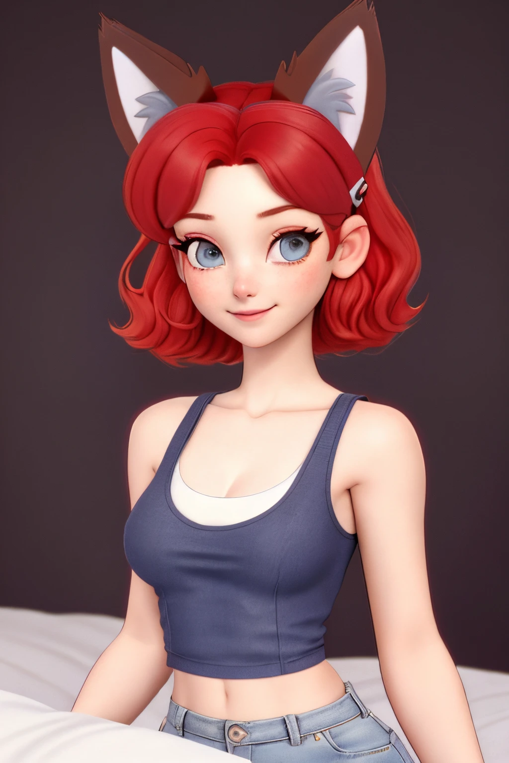 close up 1girl in, ager, Solo, vibrant red hair, straight red hair, short red hair, light gray eyes, some small freckles, pale skin, medium breasts, cleavage, runners body, (thin hips, thin waist: 1.25), (arched back:1.12), detailed skin, neutral face, mischievous smile, revealing clothes, (wearing cropped tank top, blue jean shorts ripped, hair clip: 1.1), (goofing off, laying down: 1.22), (dark fox ears:1.25), (detailed relaxing bed room background:1.1), on a bed, relaxing, 4k textures, soft light, elegant, highly detailed, sharp focus, soothing tones, insane details, intricate details, hyperdetailed, low contrast, exposure blend, hdr, faded
