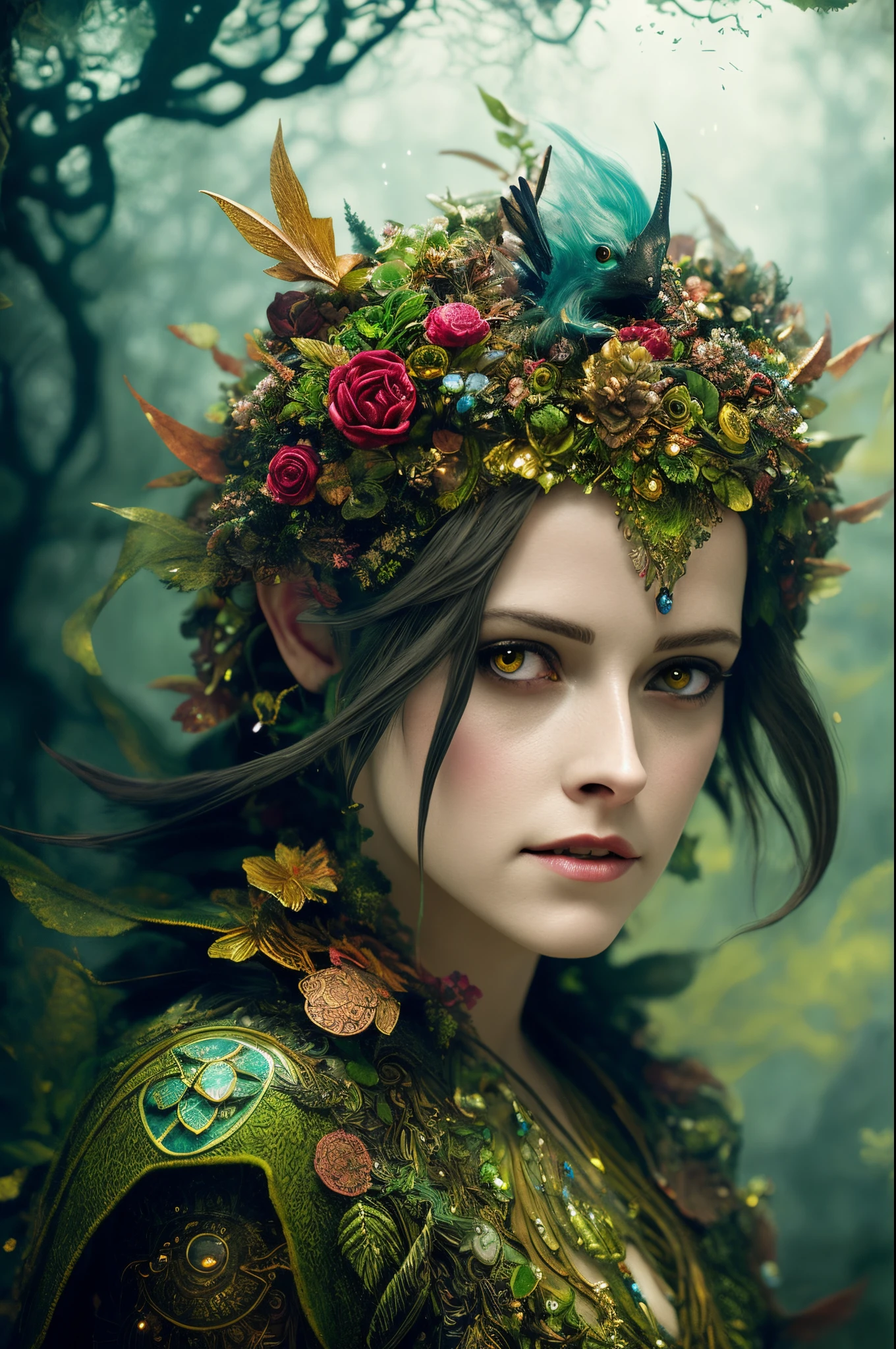 Looks like Kirsten Stewart, Closeup of a Surreal moss Elf with pointy ears in the styles of Ernst Haeckel, Arthur Rackham, Roger Dean, Jeff Wall, by Wolfgang Tillmans, Brooke Shaden $etching drawing illustration$ resin
detailed matte painting, deep color, fantastical, intricate detail, splash screen, complementary colors, fantasy concept art, 8k resolution trending on Artstation Unreal Engine 5