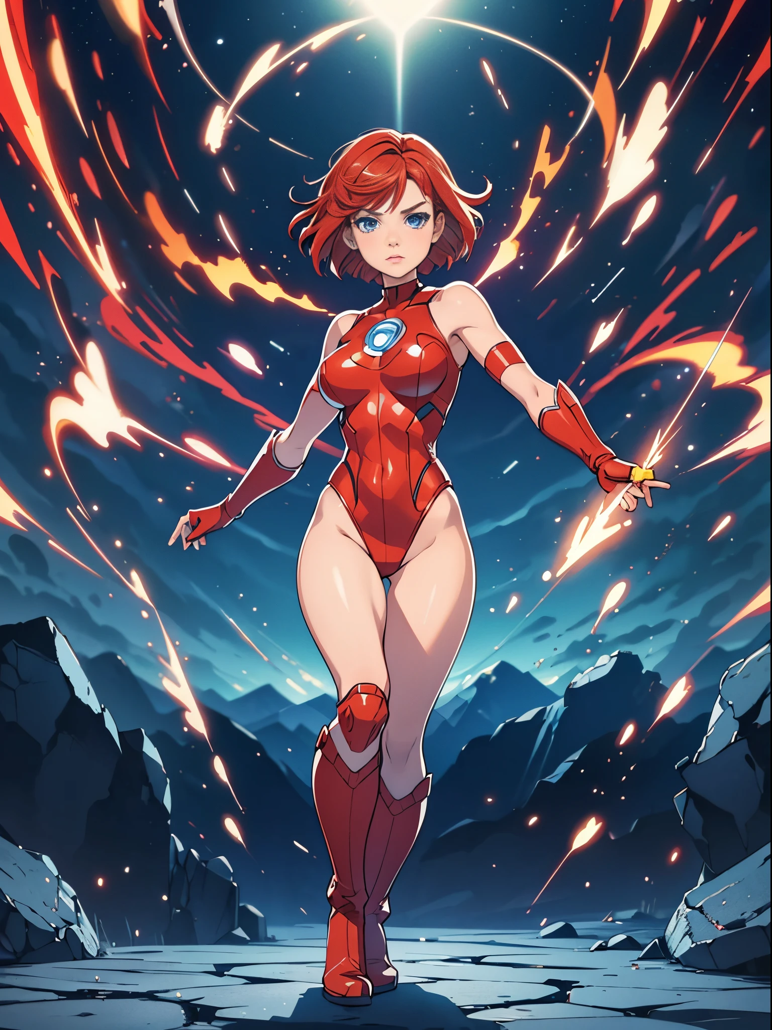 1girl, redhead, bob hair, short hair, blue eyes, beautiful detailed eyes, superhero, mature woman, spread arms, leotard, red leotard, bare legs, boots, gloves, standing, perfect anatomy, cowboy shot, (full body shot), superpower, light particles, body infused with energy, t-pose, solo, single.