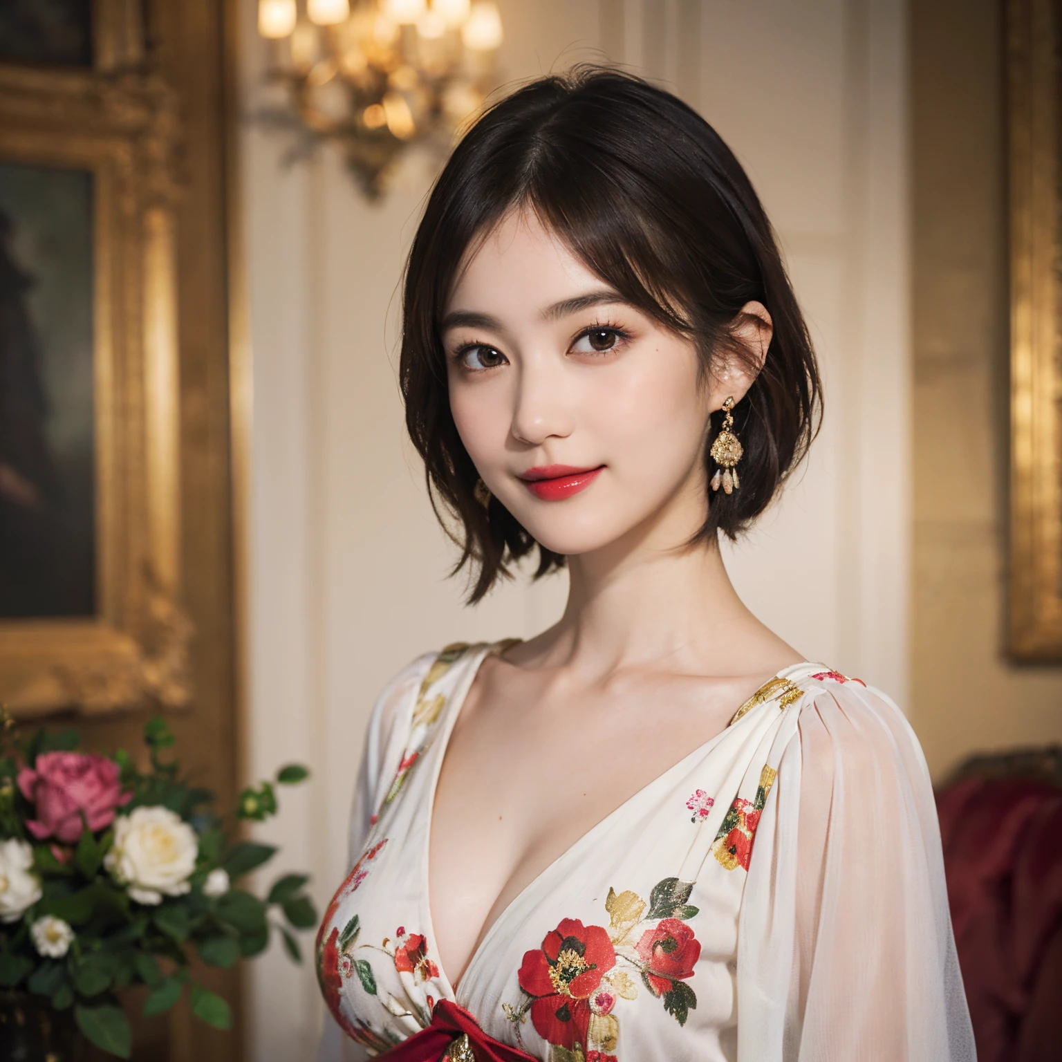 117
(a 20 yo woman,is standing), (A hyper-realistic), (high-level image quality), ((beautiful hairstyle 46)), ((short-hair)), (Gentle smile), (breasted:1.1), (lipsticks), (florals), (Light and Darkness), (rembrandt painting), (Luxurious room)