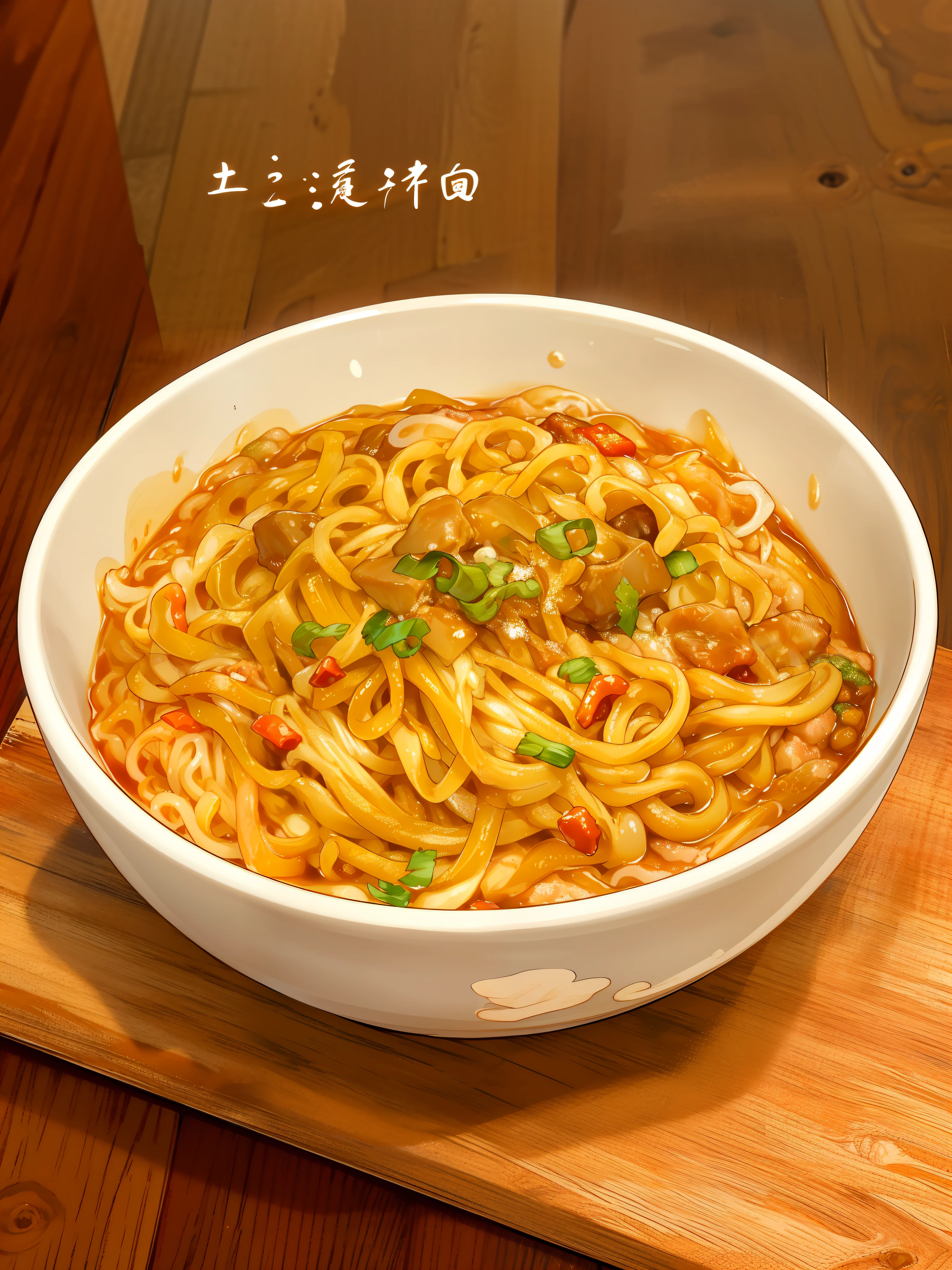 There is a bowl of noodles on the wooden board,Vector illustration of a bowl of mashed potatoes mixed with noodles,Noodles covered in spicy sauce,There’s a lot of chili in it,Red oil,There are chopped green onions, sauerkraut,In a colorful animation stills style, sci fi anime, deep red and dark brown, Qian Xuan, organic sculpting, accurate and detailed, Anime core ,32k ULTRAHD, Best quality, Masterpiece, Super detail, High details
