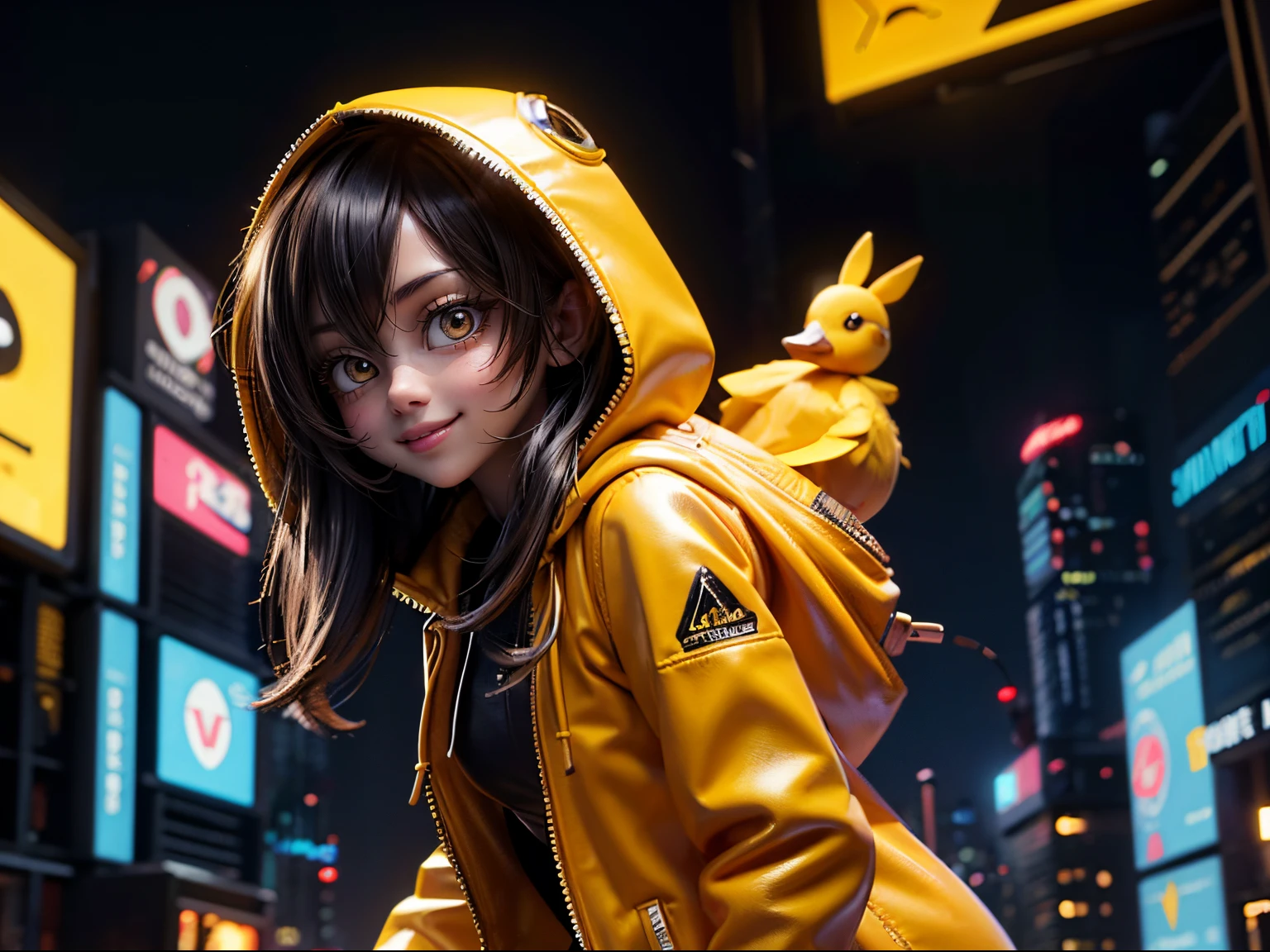 cute cartoon girl walking ,Smiling lightly, He is wearing a hood with a cute yellow duck face on it......, yellow leather suit, Cyberpunk Future City, deep in the night, profile view