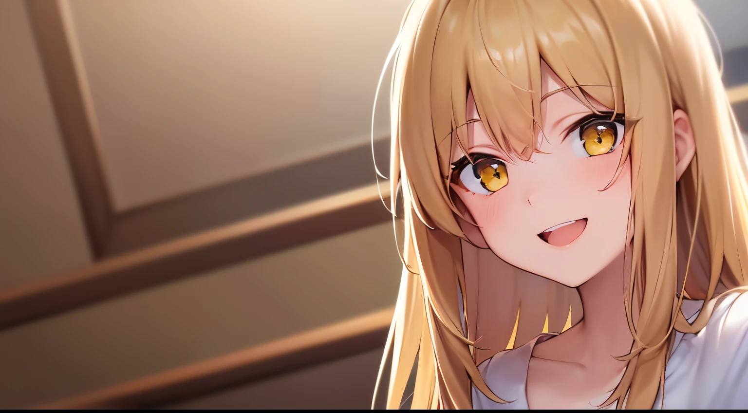 dutch angle、masterpiece、hightquality、(Blonde long hair, yellow eyes)、An 18-year-old woman、Hands raised、(Alone:1.5)、wearing white t-shirts、(Happy smiling expression:1.1)、Close-up of the subject's face、(Only the upper body is shown.:1.3)、is standing、Bold composition、The background is the living room、