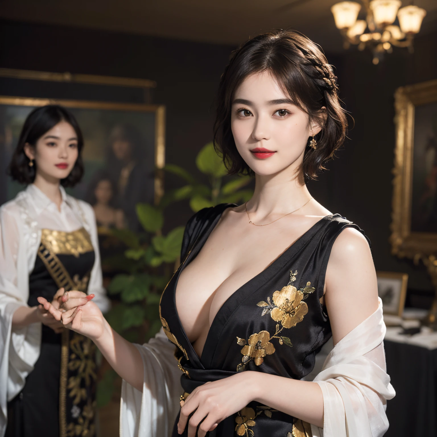 117
(a 20 yo woman,is standing), (A hyper-realistic), (high-level image quality), ((beautiful hairstyle 46)), ((short-hair)), (Gentle smile), (breasted:1.1), (lipsticks), (florals), (Light and Darkness), (rembrandt painting), (Luxurious room)