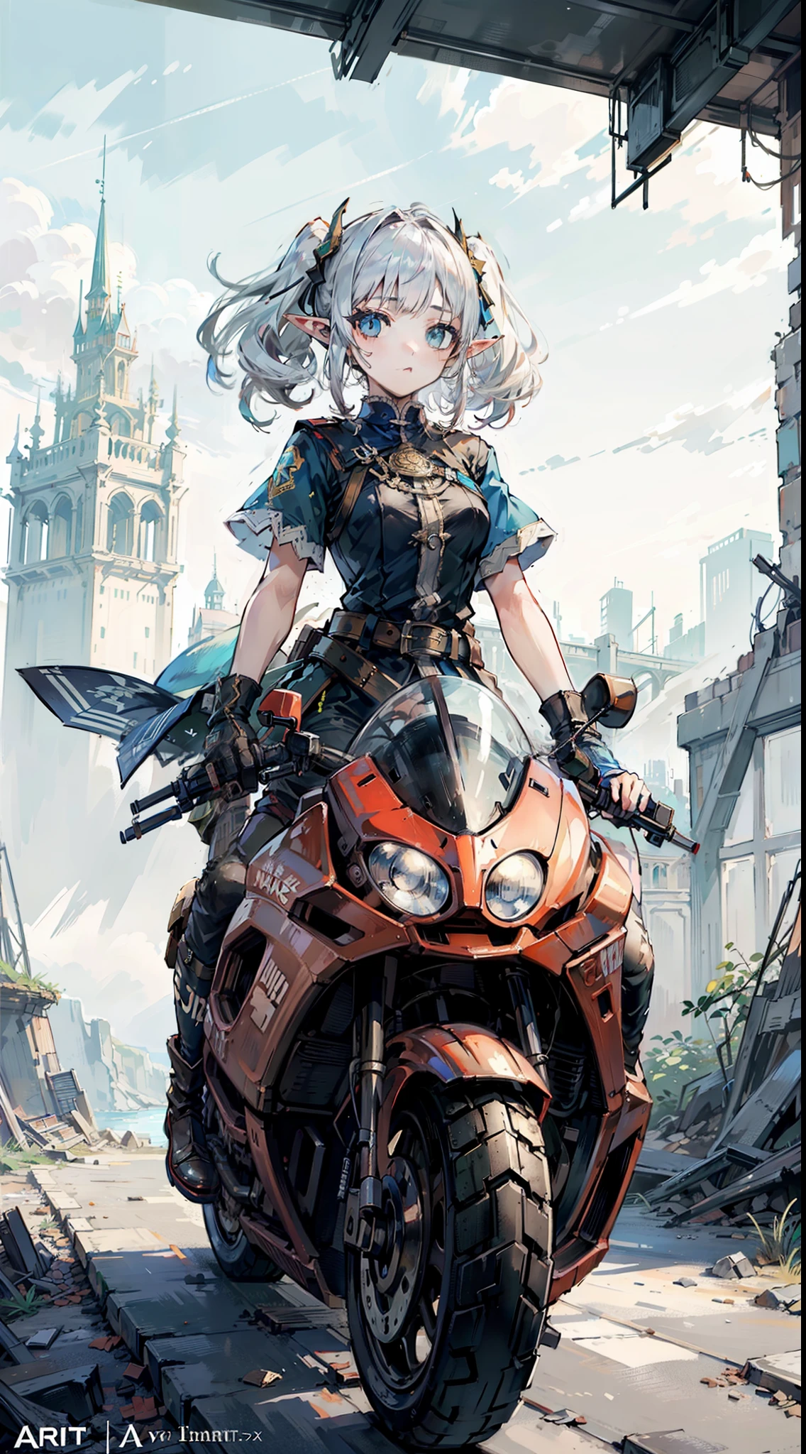 A elf girl Driving a motor superbike in the ruined castle, (beautiful detailed face, eyes), (ground pov, Viewed from a distance: 1.3), (hyperdetailed, masterpiece), artstation, pixiv, cgsociety, illustration, (elf:1.2), (1girl), (white hair, sidelock, Curly hair, twintails), Deep Blue Eyes, (speed effect:1.2), Ruined castle, sportbike, art by Ruan Jia, by Artgerm, by Yusuke Murata.