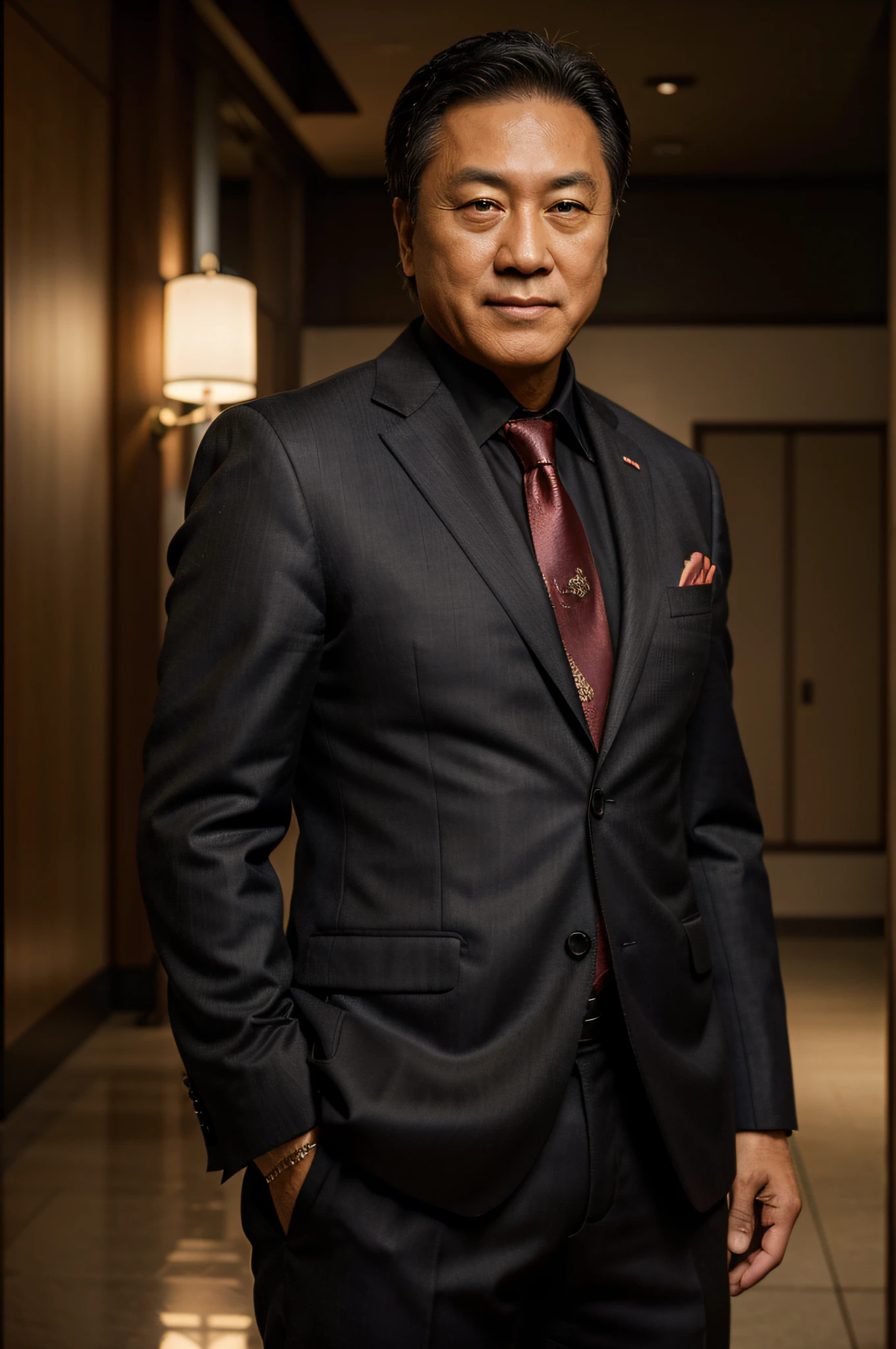 Arafed asian man in a suit and tie standing in a hallway - SeaArt AI