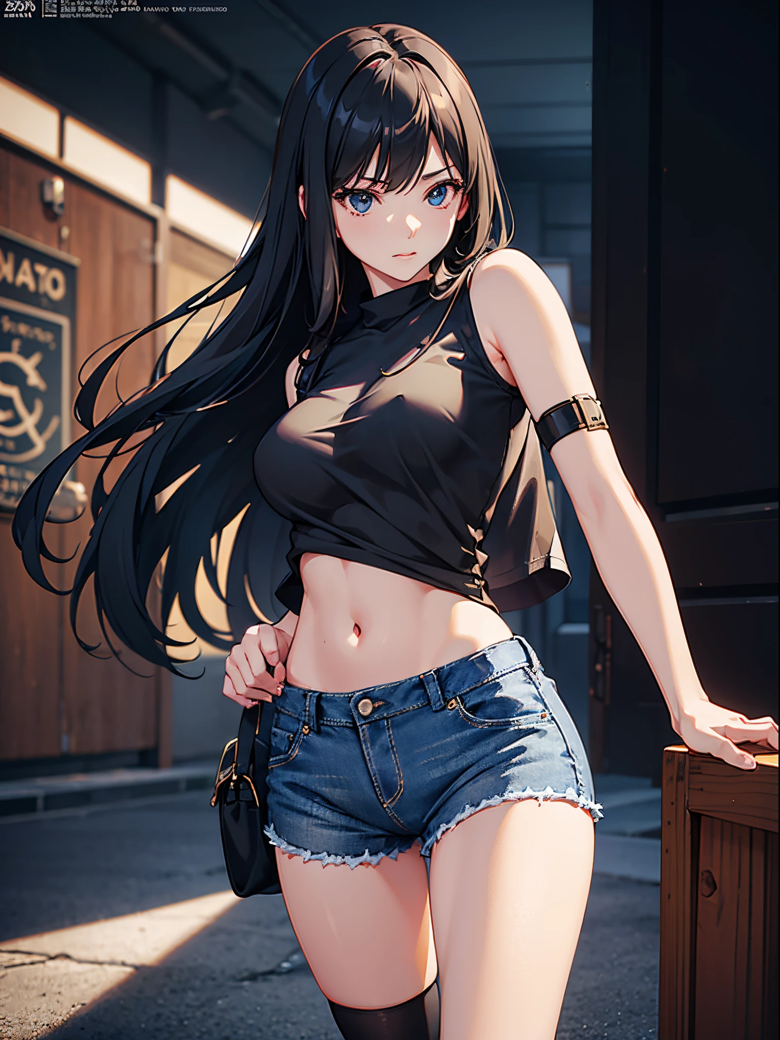 1girl, long hair, breasts, looking at viewer, blush, bangs, large breasts, black hair, navel, animal ears, cleavage, bare shoulders, medium breasts, closed mouth, standing, collarbone, tail, yellow eyes, thighs, shorts, solo focus, midriff, cat ears, collar, cat tail, animal ear fluff, bare arms, short shorts, thigh gap, cat girl, neck bell, camisole, strokes the head, red shorts, red collar, belt collar, t-shirt with the inscription "milf"