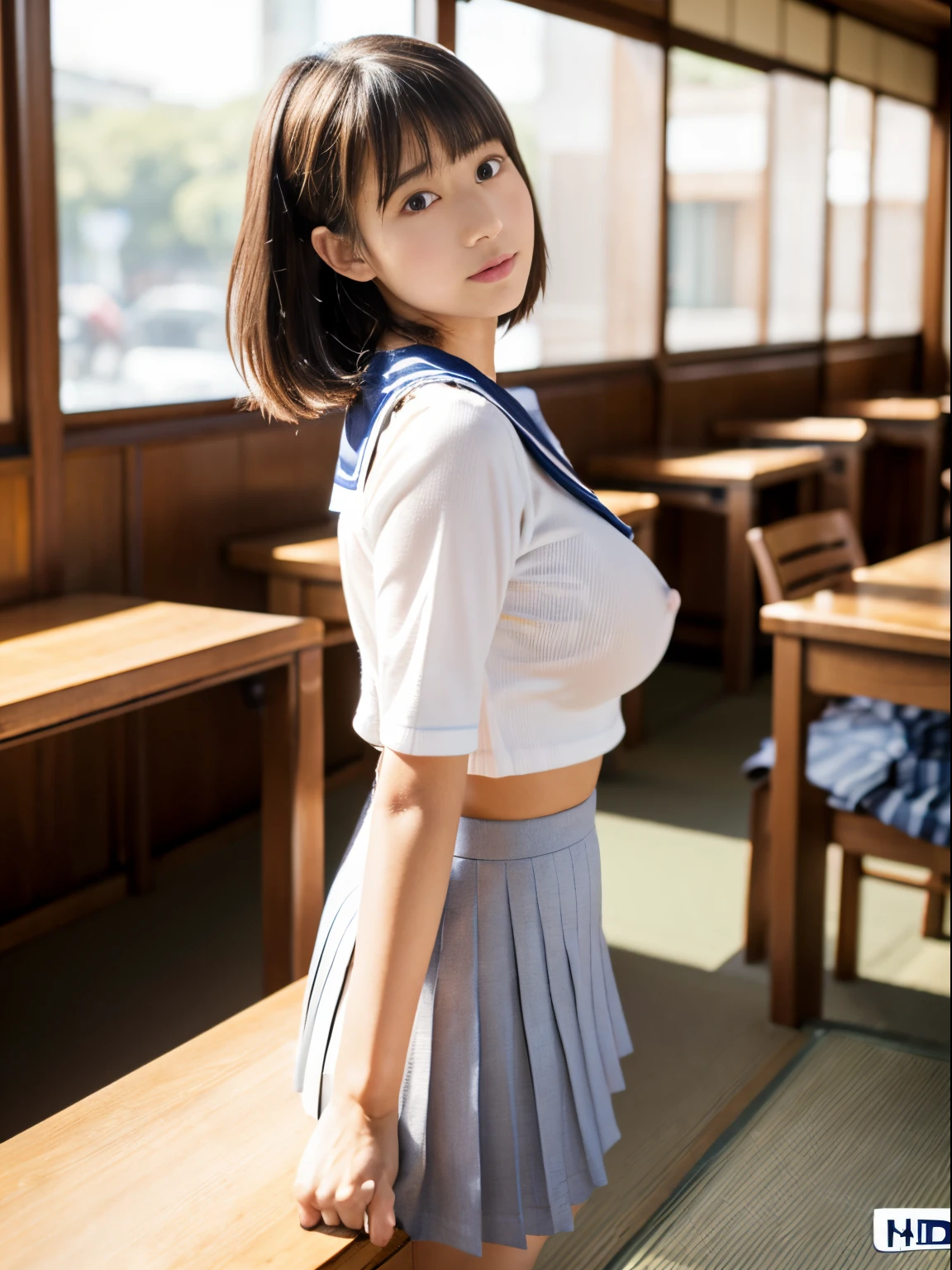 japanese girl, wedgie skin tight fitting clothes, Wearing detailed japanese high school girl summer sailor Uniforms, Wearing detailed navy blue japanese high school girl pleats skirt, Wearing detailed Beautiful pantyhose, (real skin), Wear detailed loafers, incomparably peerless beauty and unrivaled cuteness Japanese idol girl face, (real skin), (detailed real Lifelike face), (Petite facial features), Realistic eyes, Beautiful eyes, (real skin), Short hair, embarrassed, naughty, Petite, 150cm short stature, Slim glamorous toned curvy figure, mega big bursting breasts, cleavage, Sit Pose, legs lift, spread legs, showing detailed white panties, detailed pussy line, detailed cameltoe, no bra, (detailed nipples standing), Armpits Sweaty of clothes, BREAK, (RAW photo, Masterpiece, UHD:1.5), (crisp focus:1.3), (photorealistic, Ultra detailed:1.4), Super live-action, natural soft light, profetional lighting, front facing view, full body shot, crowded class room, seen by a lot of japanese girl.