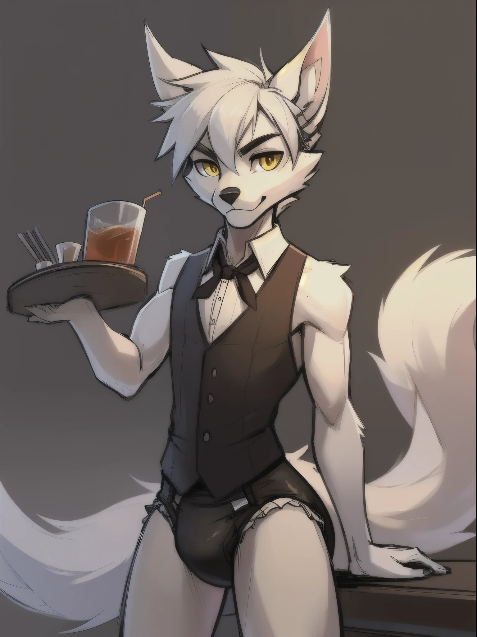 Male, arctic wolf, detailed yellow eyes, long tail, bartender, slim, sly, simple background, detailed plain diaper