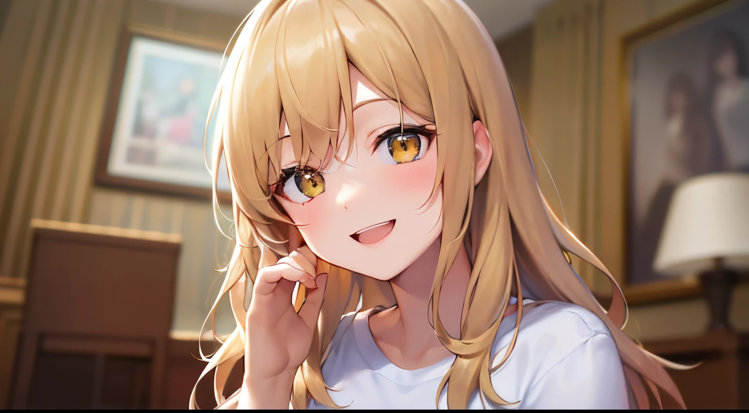 dutch angle、masterpiece、hightquality、(Blonde long hair, yellow eyes)、An 18-year-old woman、Hands raised、(Alone:1.5)、wearing white t-shirts、(Happy smiling expression:1.1)、Close-up of the subject's face、(Only the upper body is shown.:1.3)、is standing、Bold composition、The background is the living room、