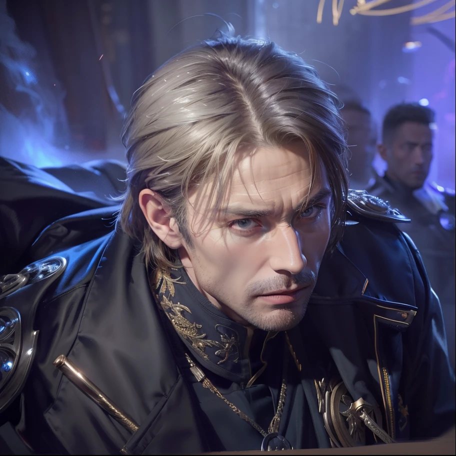 a close up of 1man in a uniform with a sword, handsome and stern face, king, androgynous, jacket, badass, Chris Bumstead, Leon Scott Kennedy, Mads Mikkelsen, intricate, solo focus, realistic, dynamic pose realistic, detailed and correct facial structure, handsome, attractive, slightly muscular, cinematic lighting, unreal engine, trending on ArtStation, intricate details, masterpiece, best quality, by Irakli Nadar, Greg Rutkowski，(((best quality))),(((ultra detailed))),(((masterpiece)))