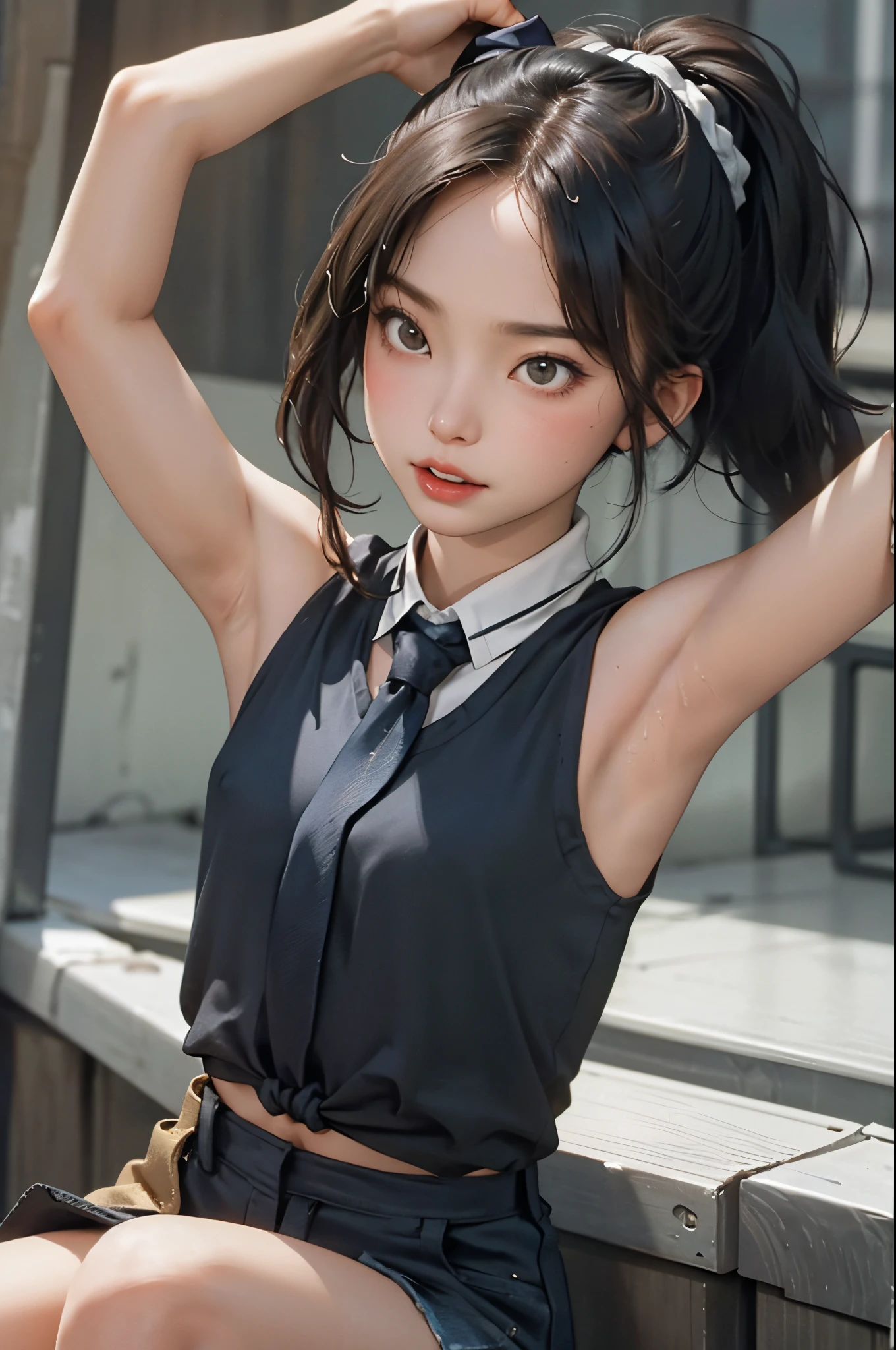 Two character boy and girl (girl = asian girl, tie her ponytail,wearing tanktop,armpit) (boy=licking the girl armpit)