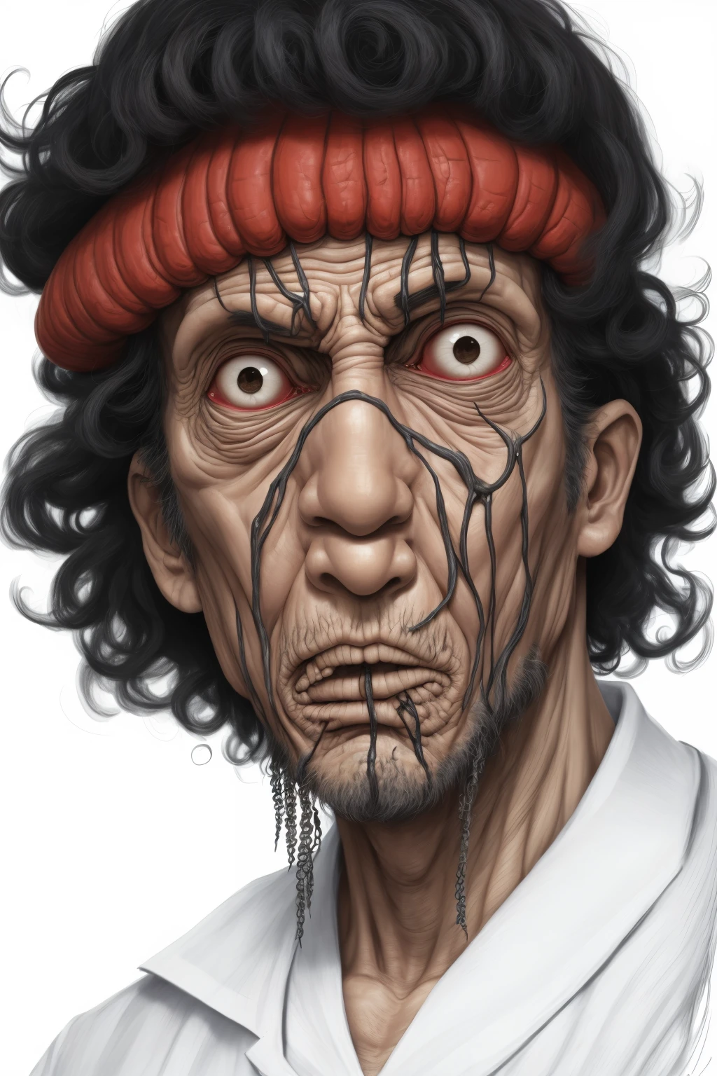 Cartoon of a man with a strange face and a red hat, closeup character portrait, extra detailed face, very detailed portrait, hyperrealistic illustrations, a portrait of a hyperdetailed, super detailed fantasy characters, hyperrealistic illustrations, extra detailed face, hyperrealistic illustrations, very detailed portrait, high-detail iconic characters, realistic illustration, hyperrealistic illustrations, highly_Detailed_Face!!!