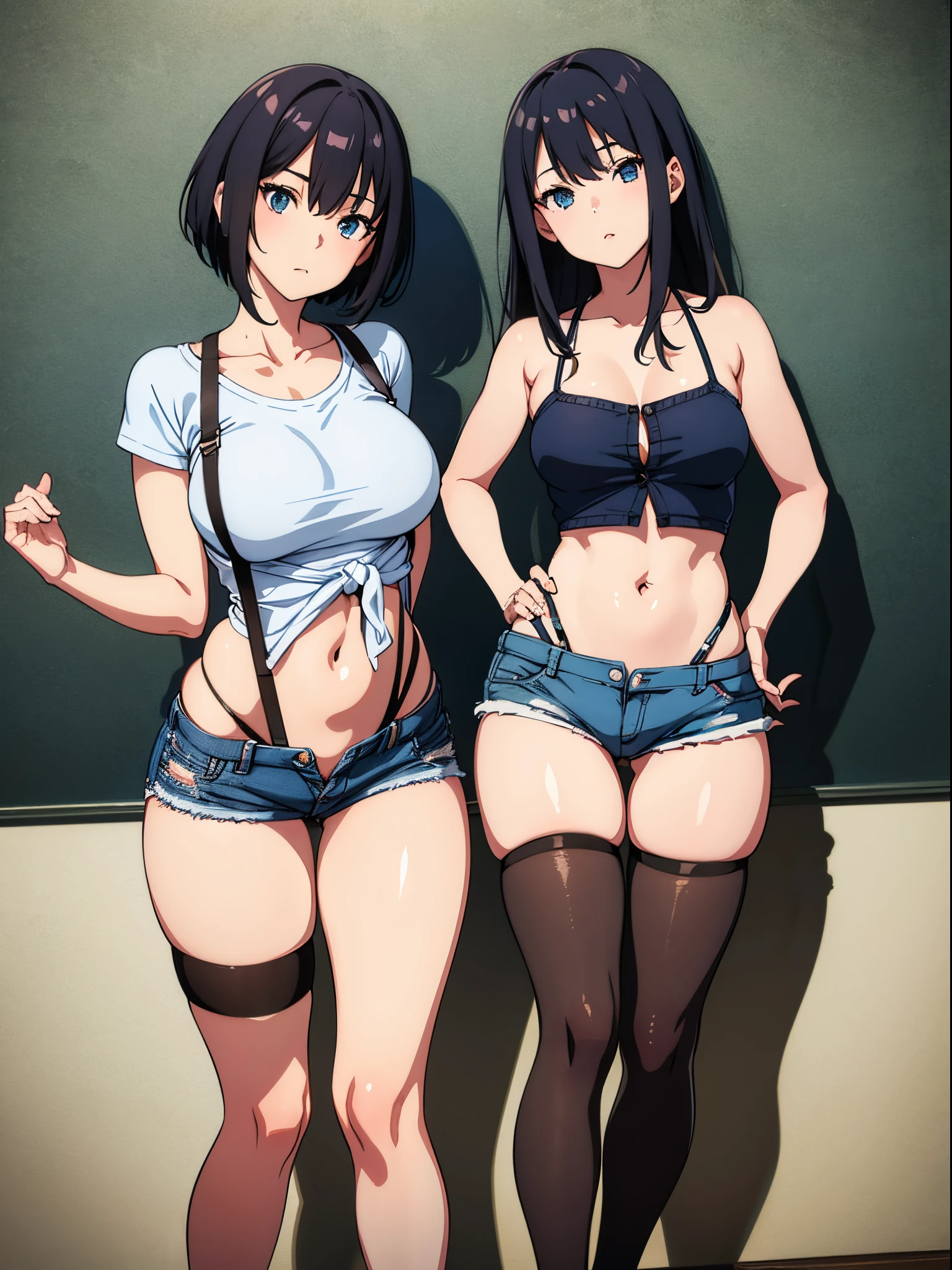 A girl wearing denim shorts and tattered short sleeves，Wearing suspender stockings on the legs，Exposing the abdomen，The figure is good，The head is not exposed，[ 4K realism ]!!, [ 4K realism ]!!!, [ 4K digital art ]!!, Realistic shadow perfect body, realisticlying!!!!!!! art-style, photorealistic anime, by Shitao, Popular topics on cgstation, Casual pose, realistic anime 3D style