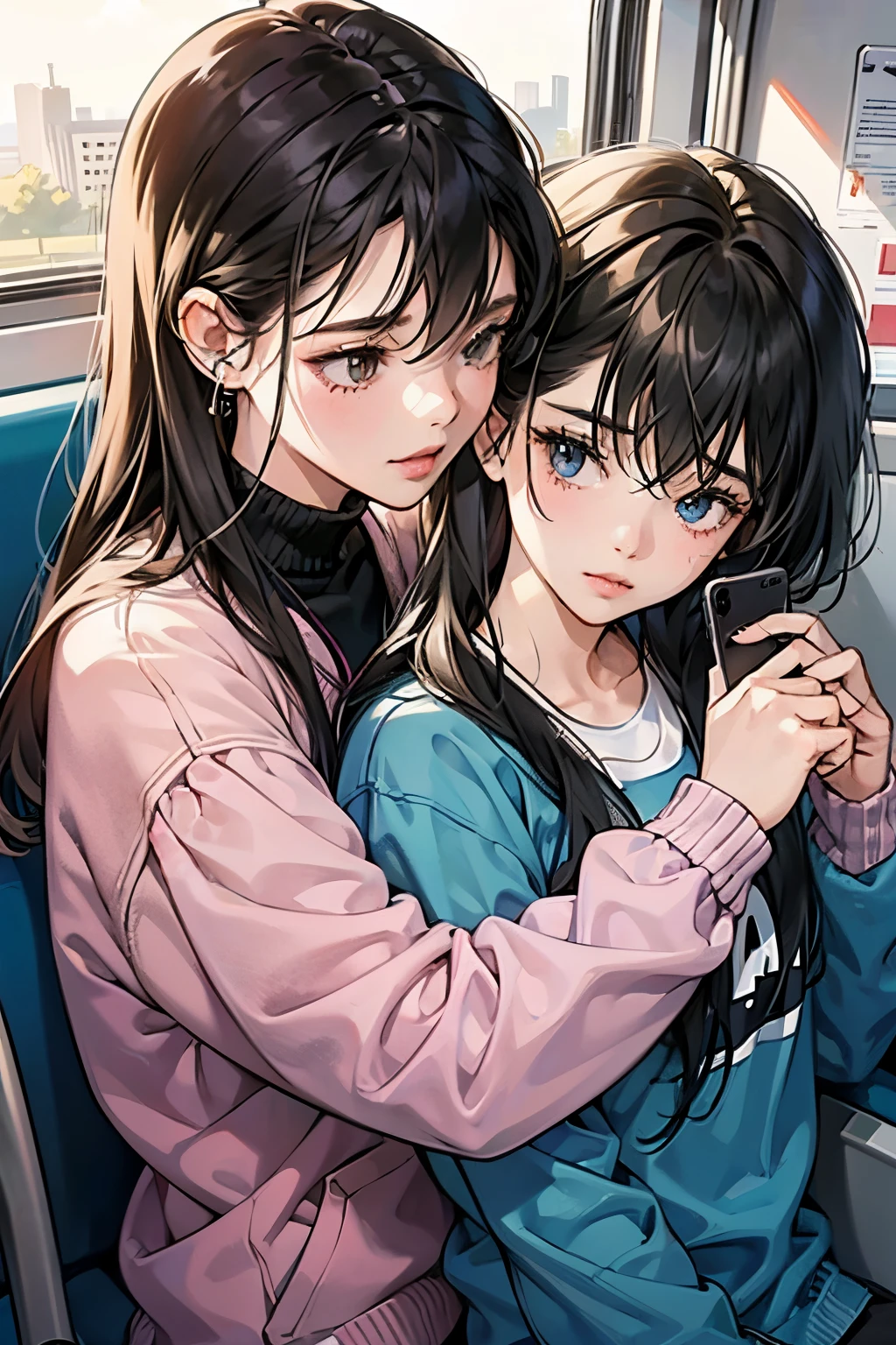 ２Two girls are listening to music on their smartphones with earphones while cuddling each other as if hugging each other.,They&#39;re both cute,intimate lovers,tre anatomically correct,Precise fingers,student clothes,on train,k-saku,Best Quality,