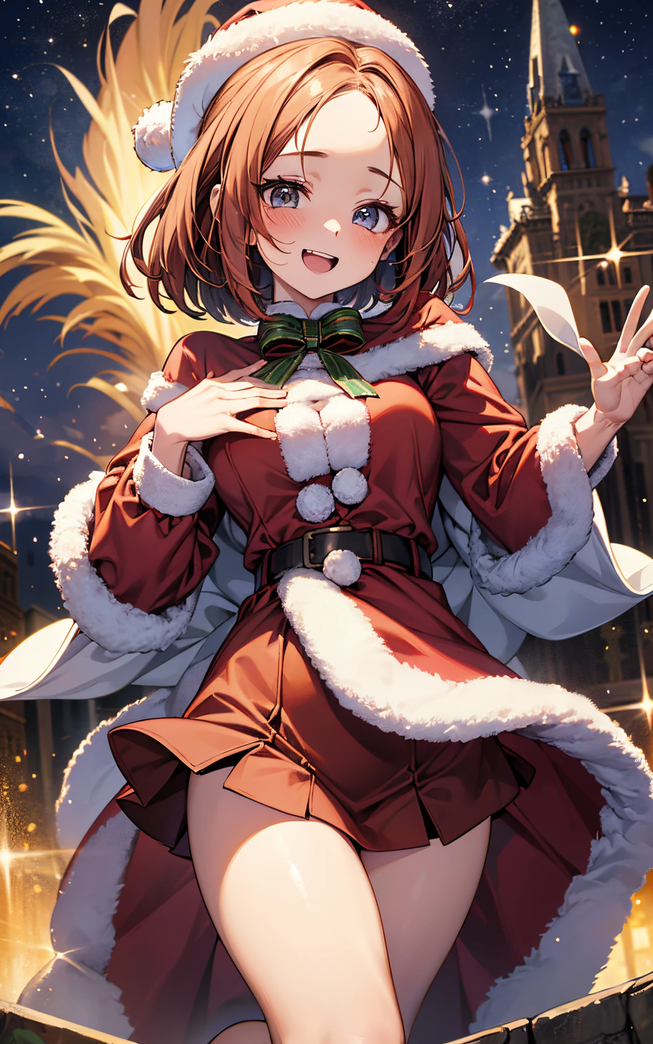 Top resolution、 Top image quality、 ​masterpiece、 8K、 (((One Woman)))、(((27yo)))、 Cheerful smile、 Big open mouth、 (((chestnut-colored hair、5 head body、Wave your hand up、 Soft breasts、sparkly eyes、Light in the eyes、bob cuts)))、jump at full speed、 (((running around happily)))、 (((Miniskirt Santa)))、 Wearing a cloak、((Long tights))、 Day Park、The children look on in amazement、Christmas、