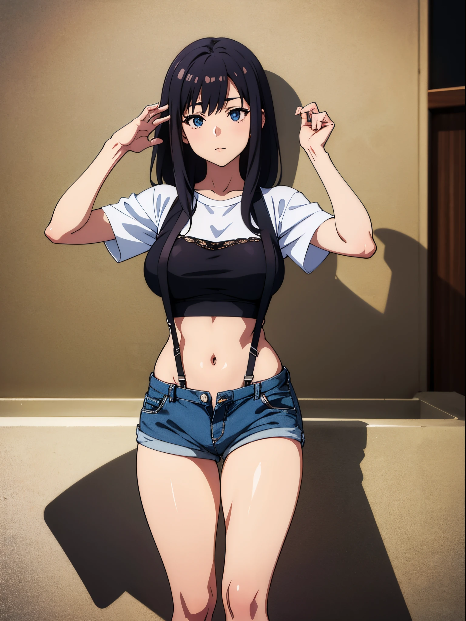 A girl wearing denim shorts and tattered short sleeves，Wearing suspender stockings on the legs，Exposing the abdomen，The figure is good，The head is not exposed，[ 4K realism ]!!, [ 4K realism ]!!!, [ 4K digital art ]!!, Realistic shadow perfect body, realisticlying!!!!!!! art-style, photorealistic anime, by Shitao, Popular topics on cgstation, Casual pose, realistic anime 3D style