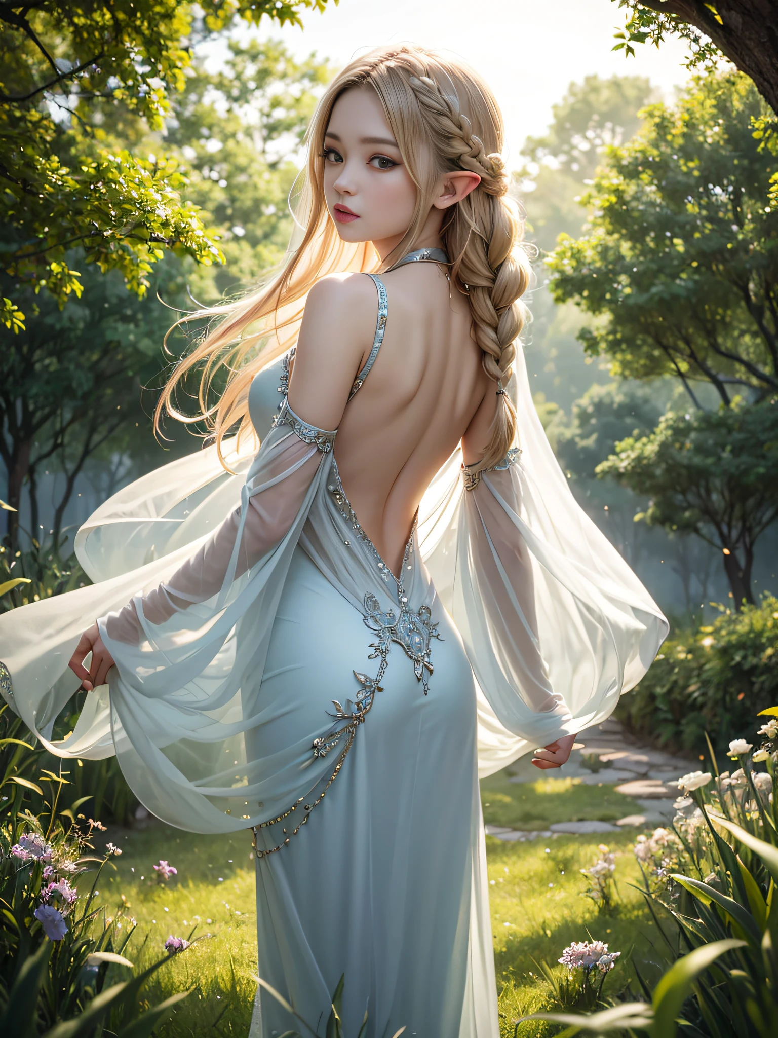 Graceful elven girl standing in meadow, Delicate face illuminated by the soft light of the setting sun. Her long, Flowing hair runs down your back, Decorated with intricate braids、Adorned with sparkling gemstones. This great photo is、、、It captures the ethereal beauty of elves. Slender figure in silk dress、Swaying in the soft steppe breeze. Attention to detail、Face that is、Face that is、Face that is、Face that is、It is evident in the intricate patterns of the dress and the subtle highlights of the luminescence. skin. The breathtaking portrayal of the elven girl is、、、、、Create an enchanting atmosphere、It invites the viewer to a magical world. transparent blonde hair,
