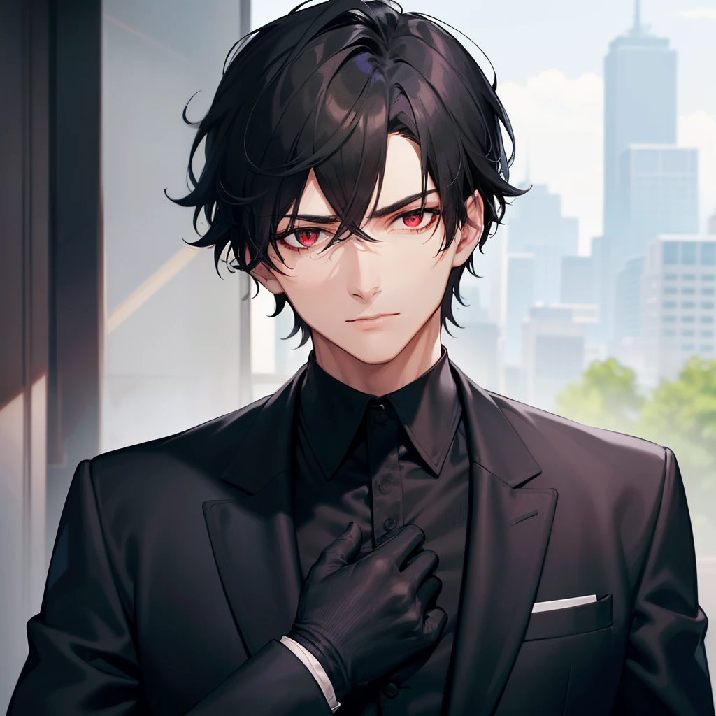 A handsome man with deep red eyes and blackish hair, wearing a all black suit, black gloves and looking at you coldly