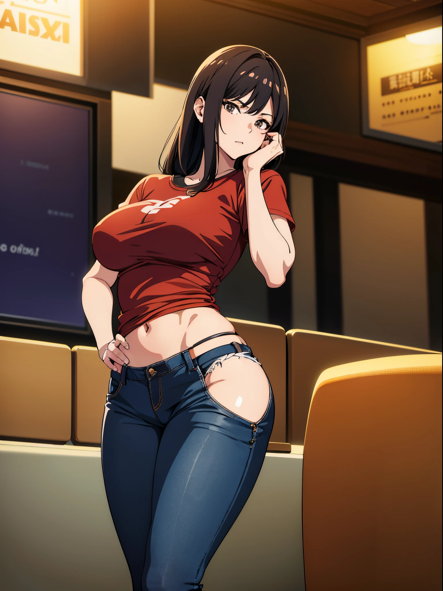 A woman wearing denim hot pants and brown short sleeves，He wears black stockings on his legs，Exposing the abdomen，The figure is good，The head is not exposed，[ 4K realism ]!!, [ 4K realism ]!!!, [ 4K digital art ]!!, Realistic shadow perfect body, realisticlying!!!!!!! art-style, photorealistic anime, by Shitao, Popular topics on cgstation, Casual pose, realistic anime 3D style