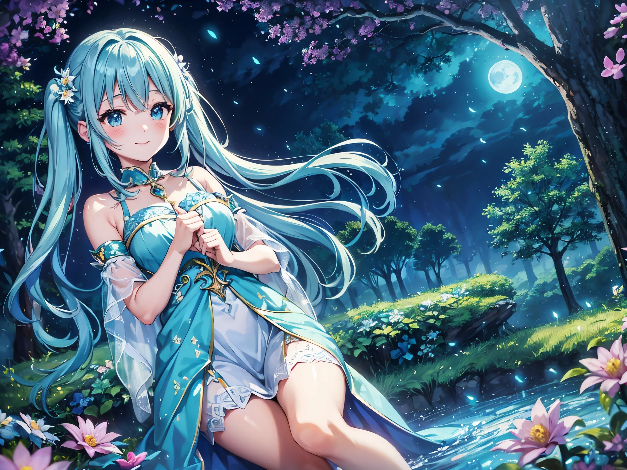 Dynamic Angle、 within a magical forest, a mystical fairy girl emerges, Light blue long hair、Hairstyle is Twintails、adorable smiling、Moonlight twinkle, flower bloom、The tree々While flapping its wings in the sparkling fireflies, the air resonates with the ethereal symphony of nature's whispers, Creating a field where dreams and reality intersect,Fairy World、Fantasy World