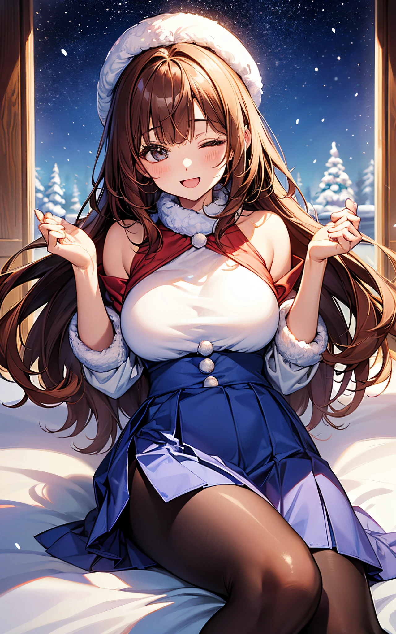 Top resolution、 Top image quality、 masterpiece、 8K、 (((One Woman)))、(((24 year old)))、 Cheerful smile、 Big open mouth、 (((chestnut-colored hair、5 head body、Raise your hands wide、 Soft breasts、sparkly eyes、Light in the eyes、bob cuts)))、(((slip on the snow)))、 (((Are sleeping)))、(((blue outfit、Long Skirt Santa)))、 Wearing a blue cloak、((Long tights))、 Winter Park、Flowing Starry Sky、Christmas、Falling snow