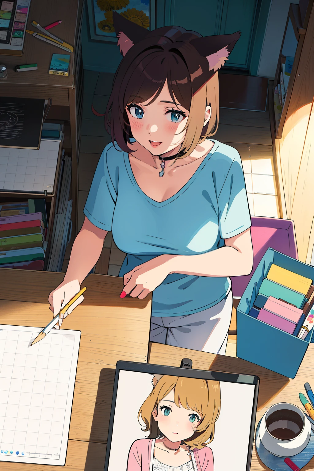 Cute girl,a painter,Painter's clothes,short hair, Drawing board, Hand drawing is better, adult girl, Girl, woman, sexy, Colors,big breasts, big chest,draw, full body, Cat ears, cat collar, cat tail