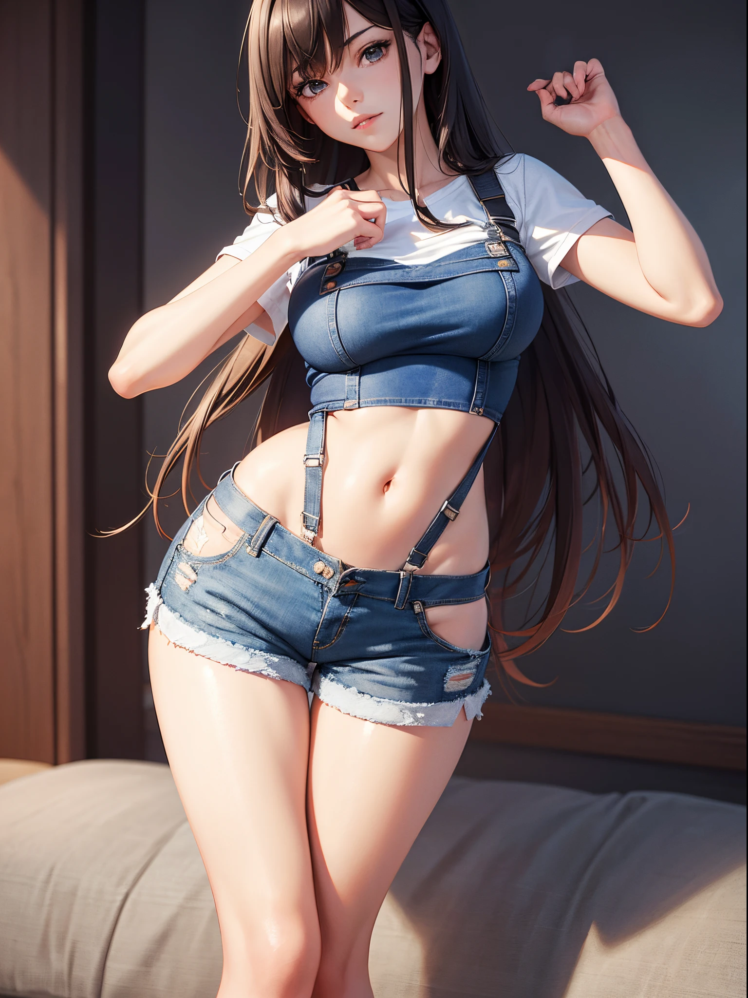 A girl wearing denim shorts and tattered short sleeves，Wearing suspender stockings on the legs，Exposing the abdomen，The figure is good，The head is not exposed，[ 4K realism ]!!, [ 4K realism ]!!!, [ 4K digital art ]!!, Realistic shadow perfect body, realisticlying!!!!!!! art-style, photorealistic anime, by Shitao, Popular topics on cgstation, Casual pose, realistic anime 3D style
