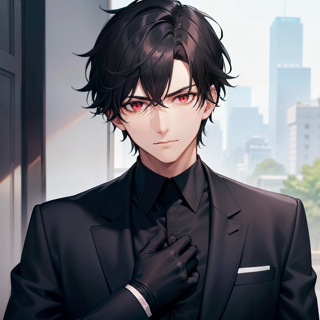 A handsome man with deep red eyes and blackish hair, wearing a all black suit, black gloves and looking at you coldly