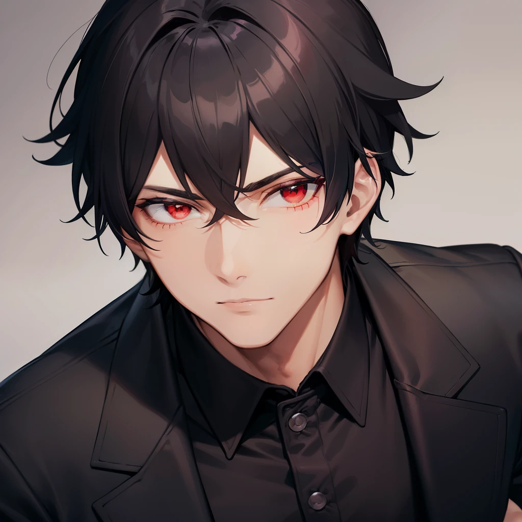 A handsome man with deep red eyes and blackish hair, wearing a all black suit, black gloves and looking at you coldly
