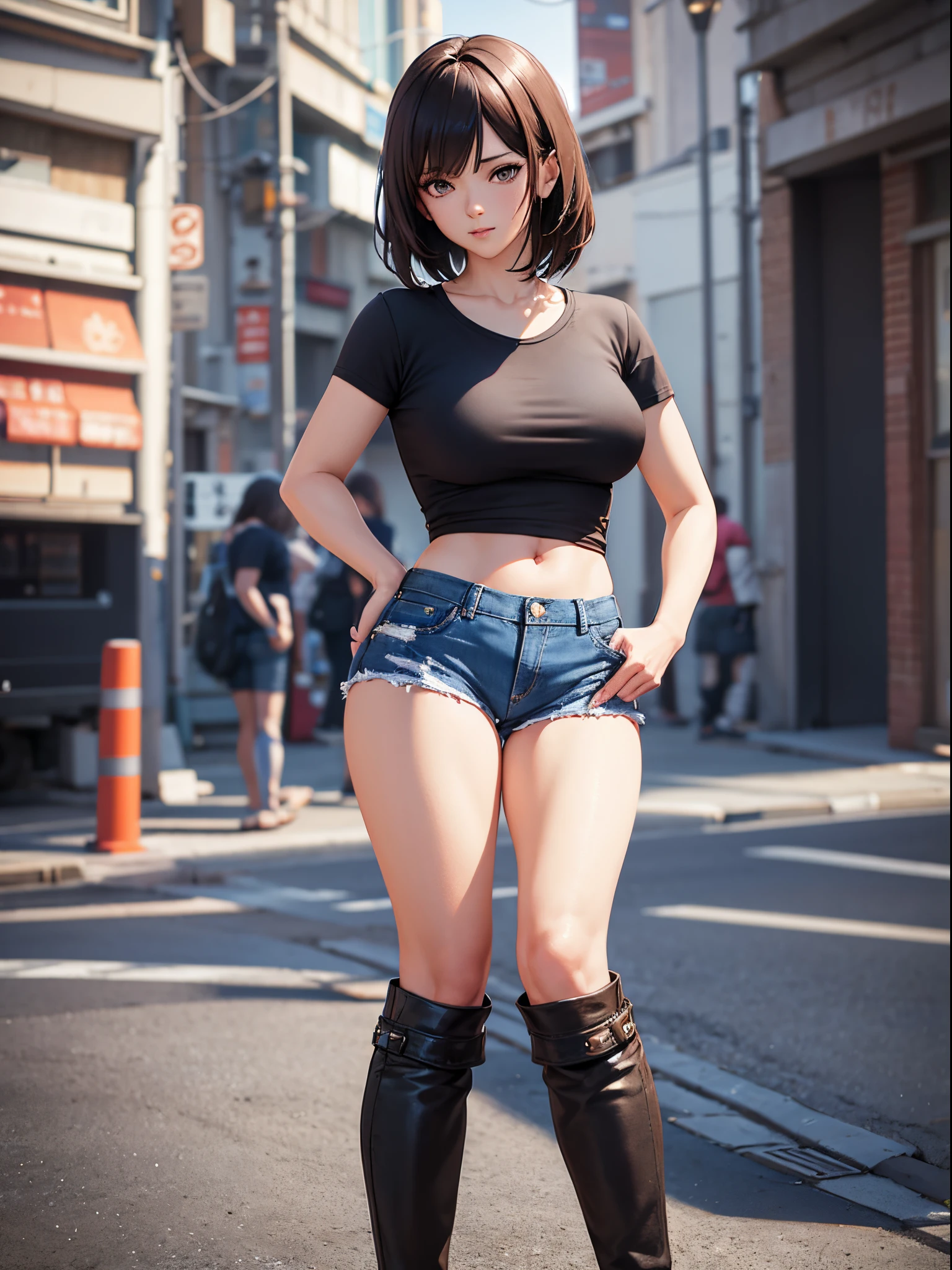 A topless, armless, dark-haired woman in full-zip shorts eats a tlayuda at a taco stand Jeans have a belt With side slits Big Ass Spread your legs