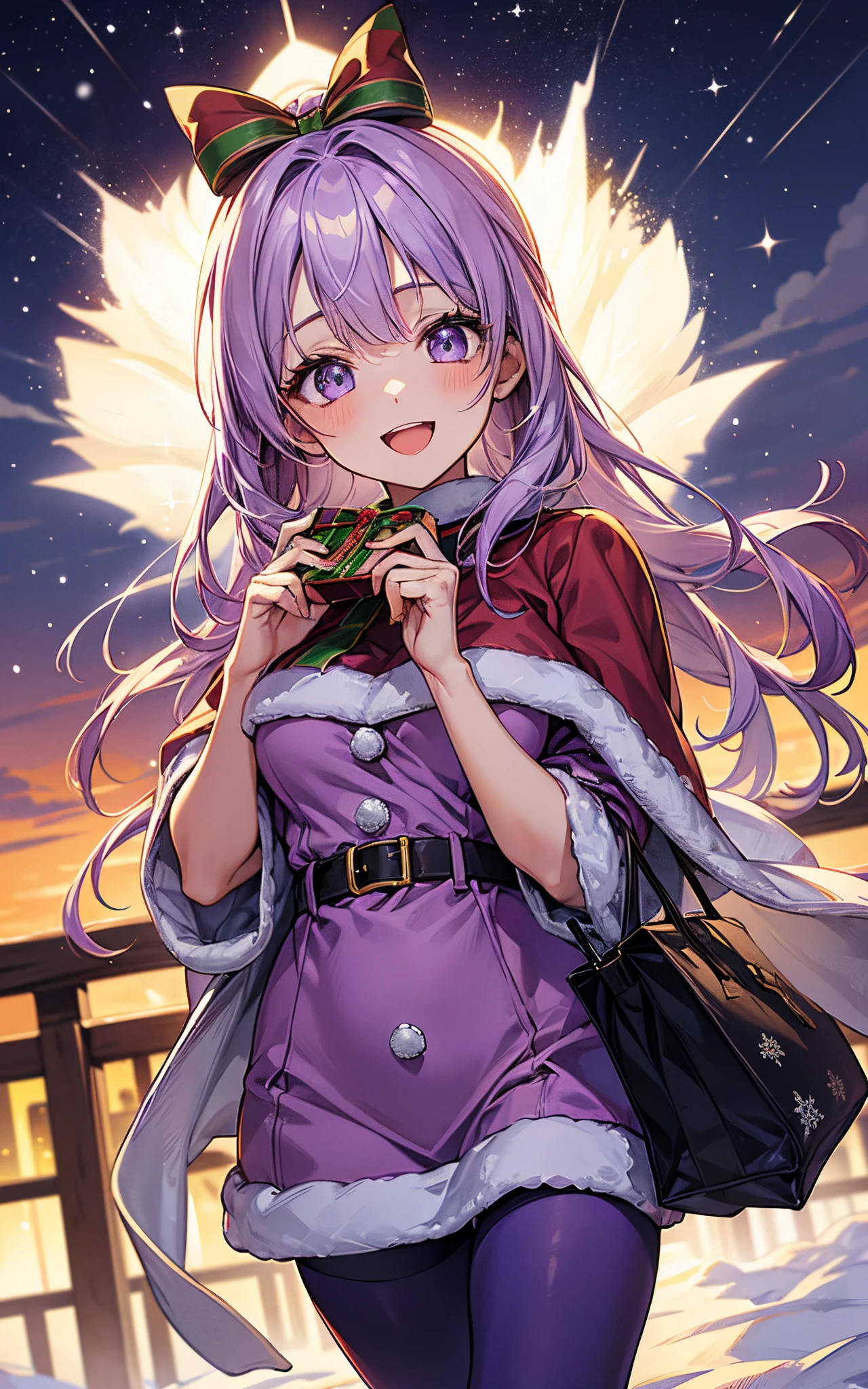 Top resolution、 Top image quality、 ​masterpiece、 8K、 (((One Woman)))、(((24 year old)))、 Cheerful smile、 Big open mouth、 (((5 head body、Raise your hands wide、 Soft breasts、sparkly eyes、Light in the eyes)))、(((run)))、 (((cute little)))、(((purple outfit、purple santa)))、 Wearing a blue cloak、((Long tights))、 Winter Park、night sky full of stars、Christmas、Falling snow、Dating、Gift bag
