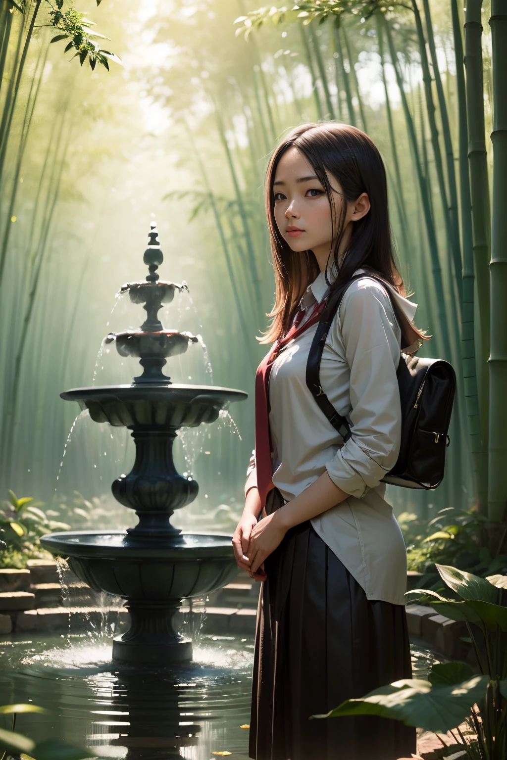bamboo forrest，female student，The fountain