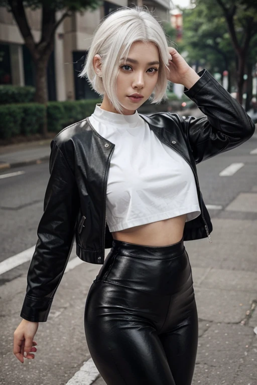 korean, black leather leggings, top shirt, white hair, beautiful,