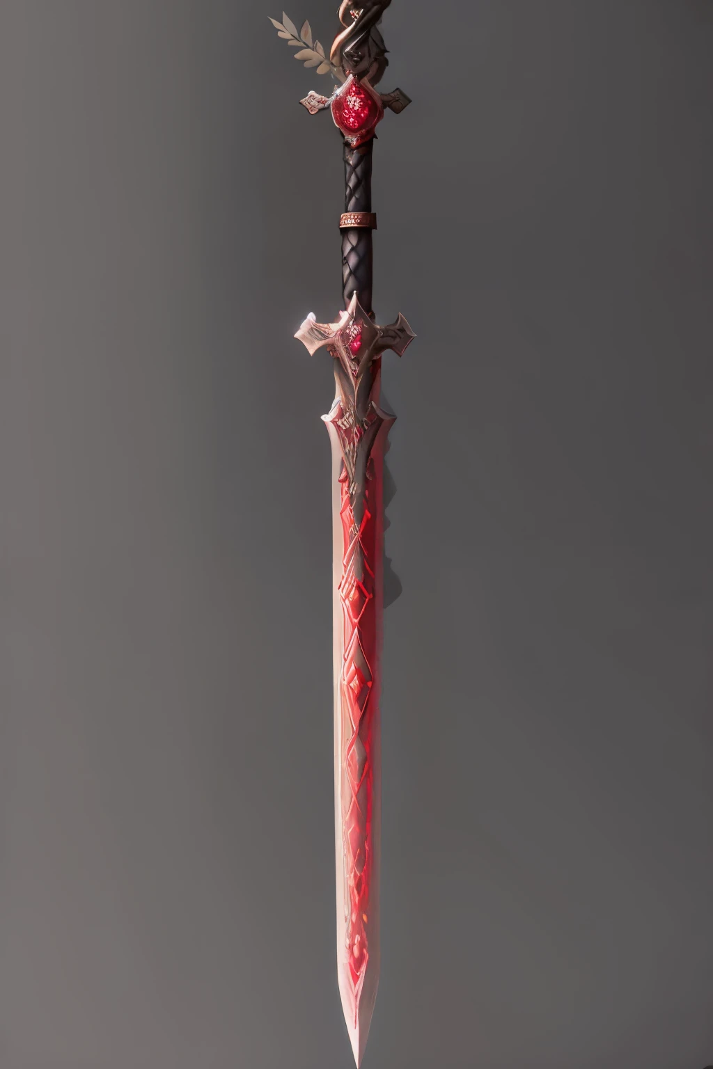 Medieval Sword, Delicate mango, The sword body is exquisite and thin,well decorated,(((The body of the sword is red with design of a red and black pattern))), Should, (The sword body is symmetrically decorated), Close-up at long range,(General silhouette:1.3), (mountain), (Sword is vertical stick into the ground), Ultra Realistic Photo, super-fine, 8K, Premium wallpapers, the highest picture quality, 3D,C4D, tmasterpiece, rendering by octane, detailed decoration on the pommel, ((4 gemstones embedded on the cross)), black grip with red blade