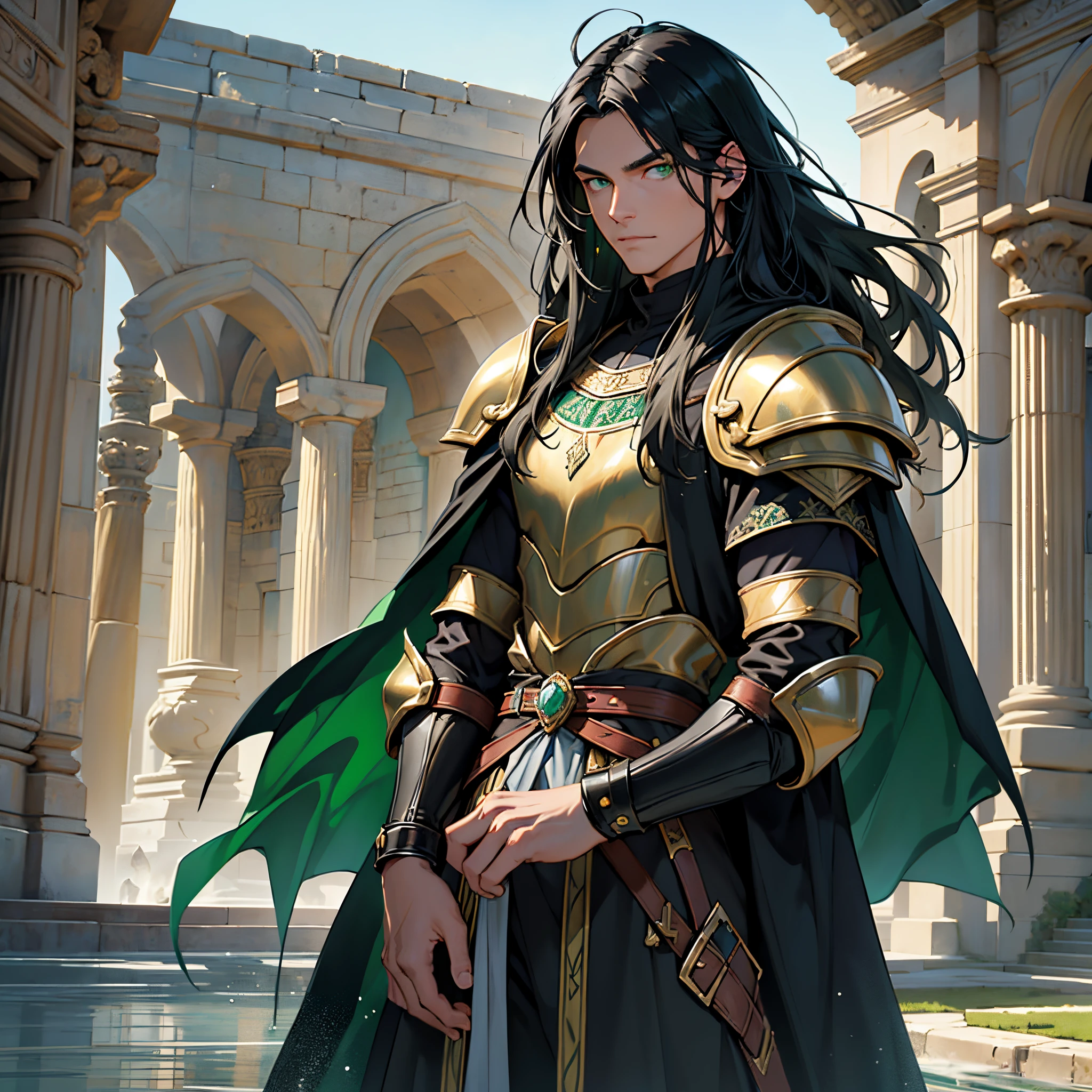 black long hair male, Straight hair, bright green eyes, Eye reflection, Medieval armor and dark green cloak, teenager, Palacio Ambience, Beautiful appearance, Anatomically accurate., Masterpiece, super detaill, High Quality, Best Quality, 8K, one man&#39;s masterpiece,Background with:In front of an ancient Roman fountain, waterdrops, tentacles