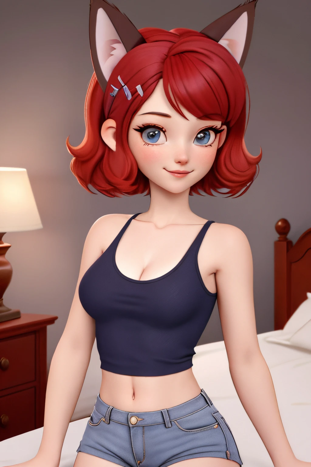 close up 1girl in, ager, Solo, vibrant red hair, straight red hair, short red hair, light gray eyes, some small freckles, pale skin, medium breasts, cleavage, runners body, (thin hips, thin waist: 1.25), (arched back:1.12), detailed skin, neutral face, mischievous smile, revealing clothes, (wearing cropped tank top, blue jean shorts ripped, hair clip: 1.1), (goofing off: 1.22), (dark fox ears:1.25), (detailed relaxing bed room background:1.1), on a bed, relaxing, 4k textures, soft light, elegant, highly detailed, sharp focus, soothing tones, insane details, intricate details, hyperdetailed, low contrast, exposure blend, hdr, faded
