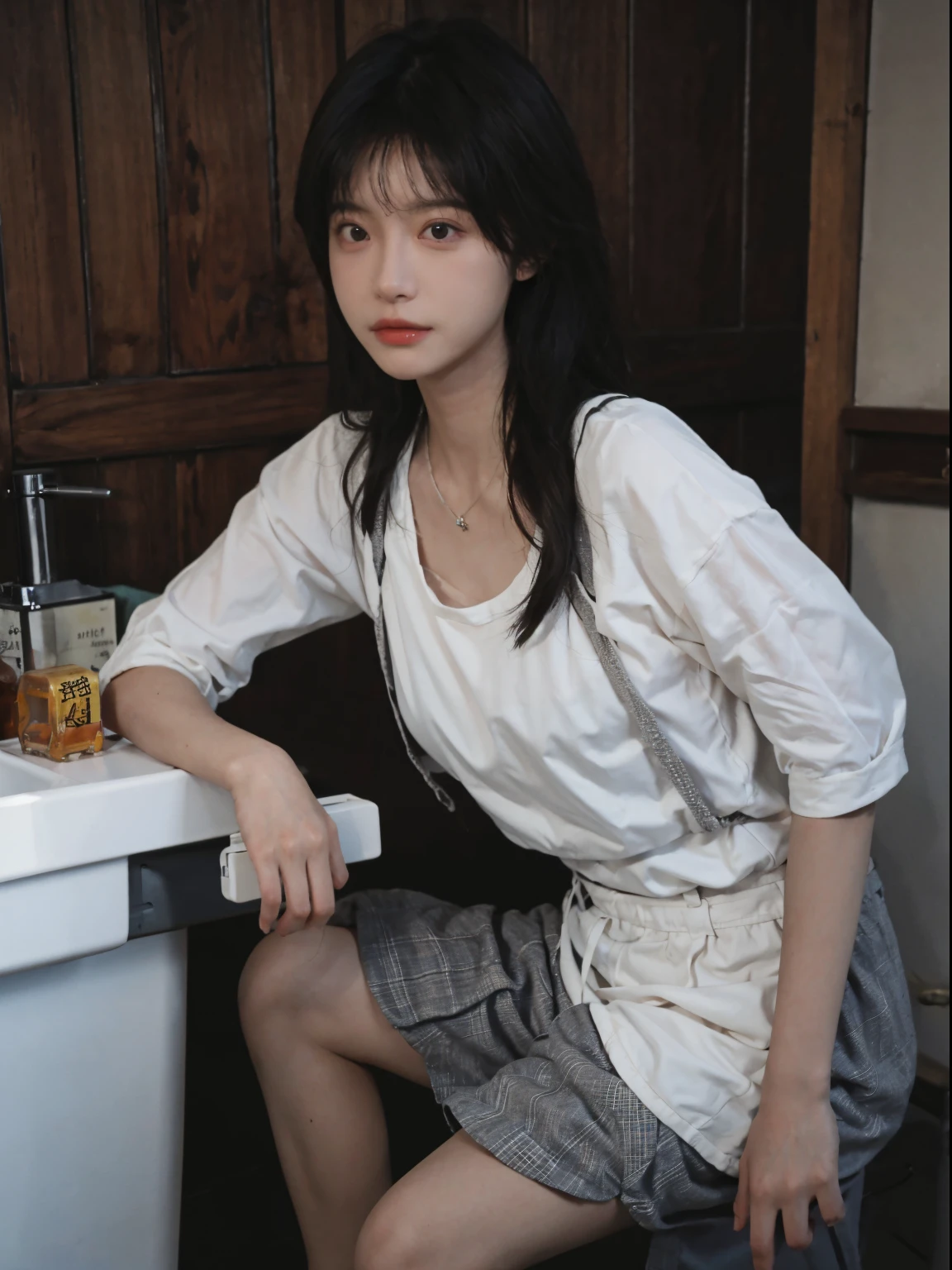 Best quality at best, 超高分辨率, (realistically:1.4),a tall and beautiful woman,Slim abs,dark brown hair,loose wavy shape,mediuml breasts,Wearing a pendant,White suspenders,(Bathroom background),Facial details and skin textures are beautifully rendered,A detailed eye,二重まぶた