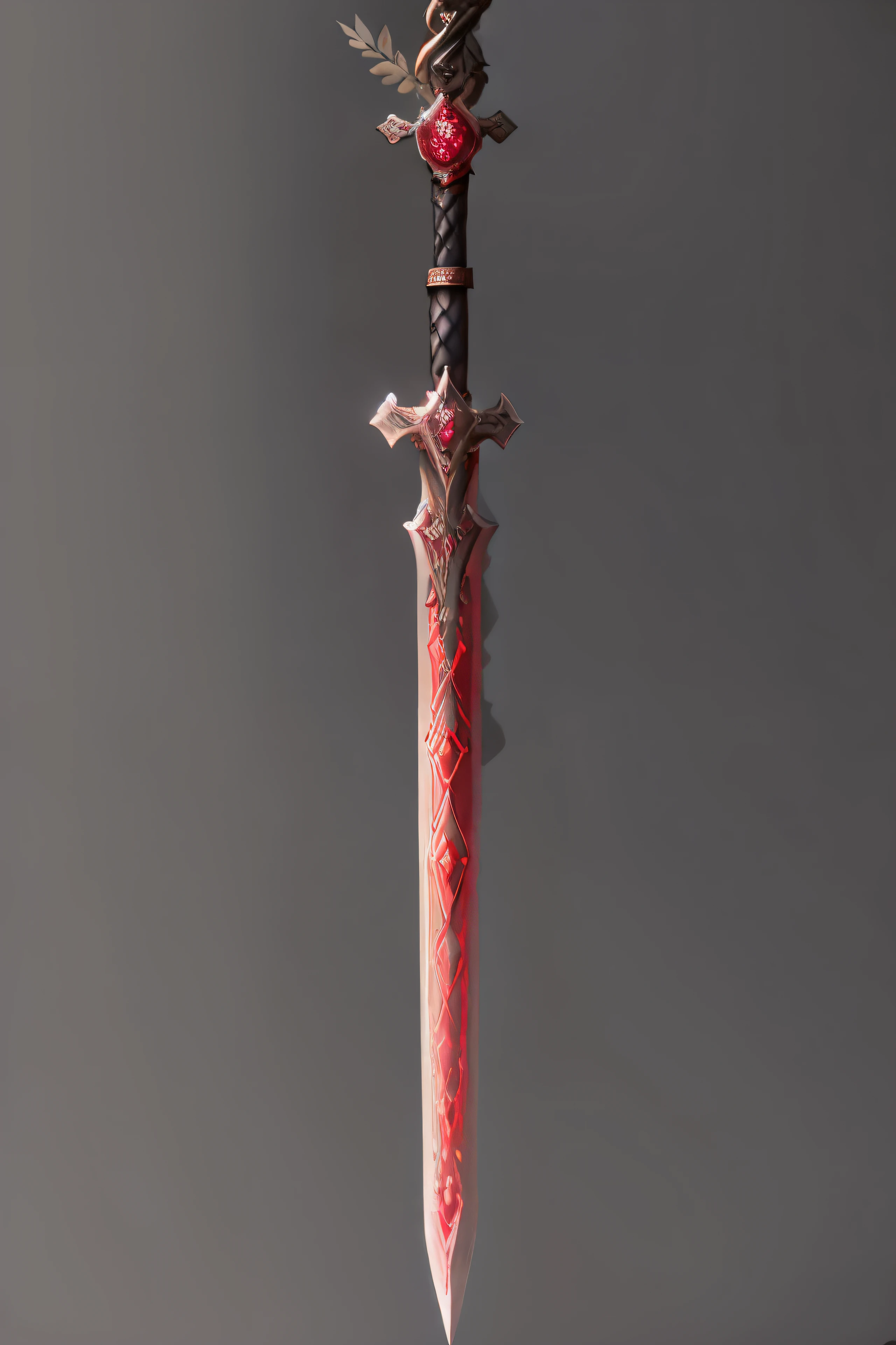 Medieval Sword, Delicate mango, The sword body is exquisite and thin,well decorated,(((The body of the sword is red with design of a red and black pattern))), Should, (The sword body is symmetrically decorated), Close-up at long range,(General silhouette:1.3), (mountain), (Sword is vertical stick into the ground), Ultra Realistic Photo, super-fine, 8K, Premium wallpapers, the highest picture quality, 3D,C4D, tmasterpiece, rendering by octane, detailed decoration on the pommel, ((4 gemstones embedded on the cross)), black grip with red blade