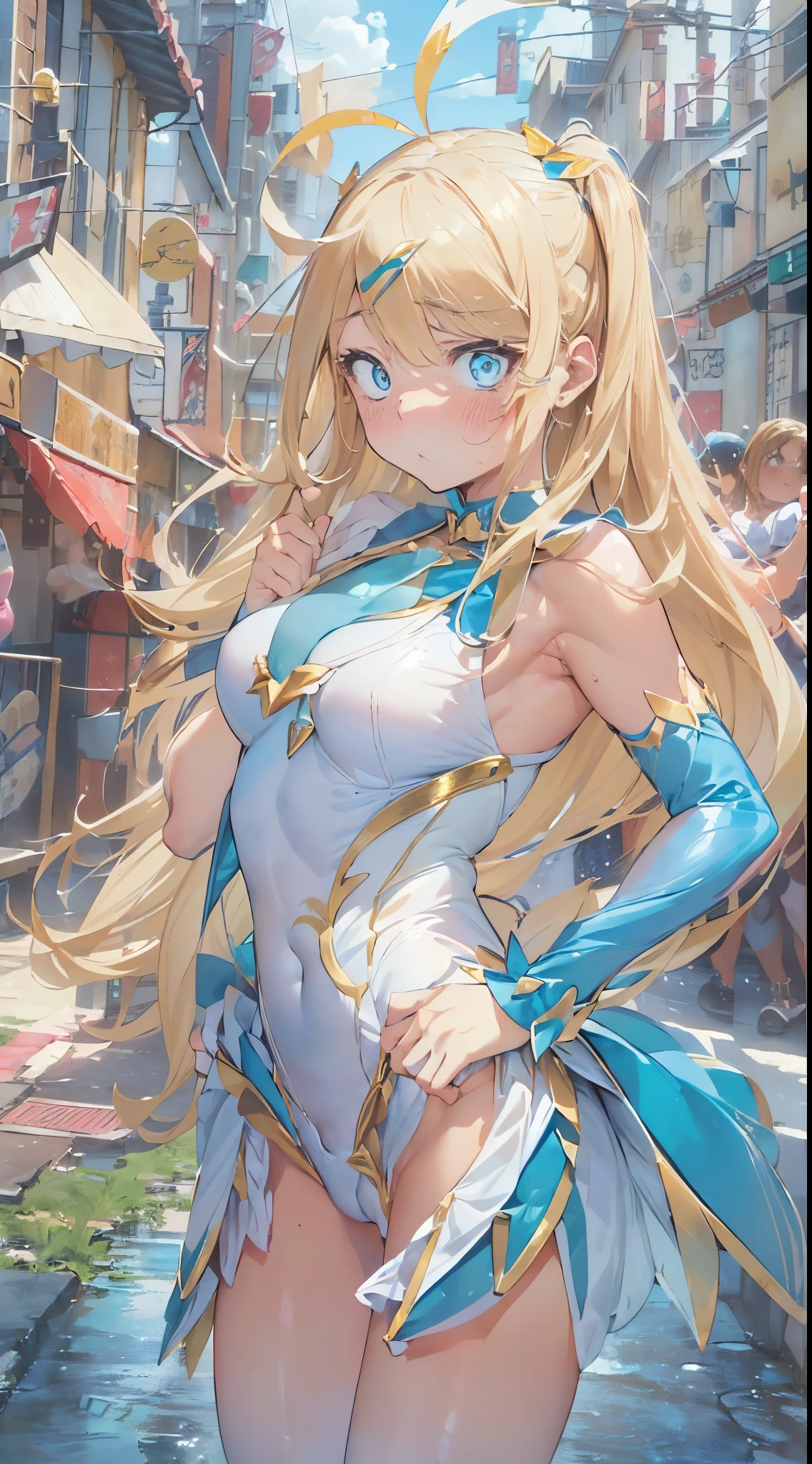 1womanl,Golden hair,12year old ,((Impatient expression)),Beautiful breasts,(((Sexy magical girl white and blue high-leg bodysuit)))(())(((Blushing cheeks、Surprised look)),((())),((( portlate))),Blue eyes,(((Bangs are aligned)))()Street,Crowds(magical girl hair ornament)