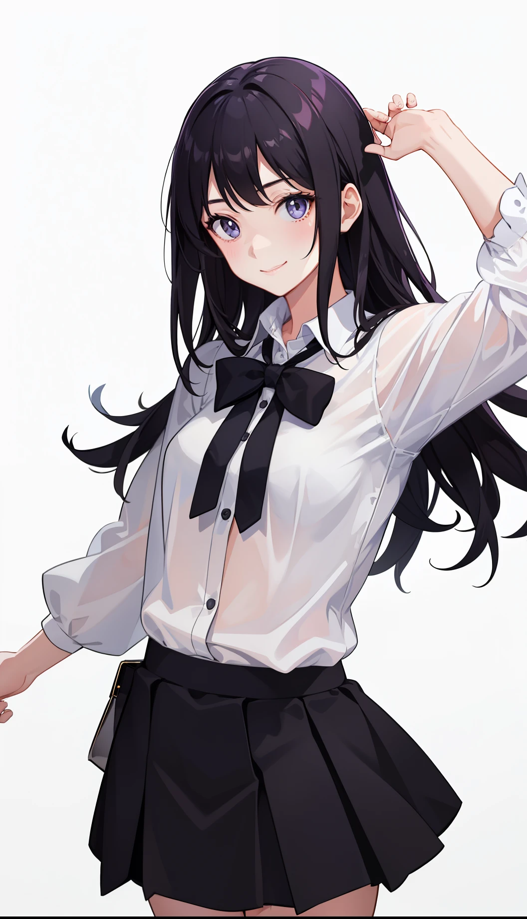1girl in、AS-Adult、A smile、Light in the eyes、The shirt、Blouse、pleatedskirt、(small tits)Chilarism、Sheer 、movement、Upper body portrait、